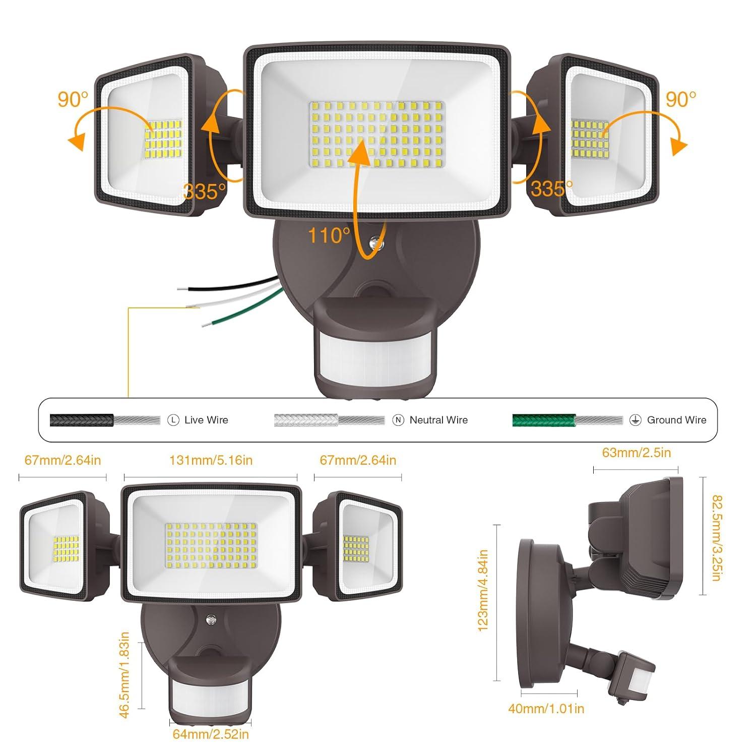 Onforu 65W LED Security Lights Motion Sensor Light Outdoor, 6500LM, 6500K, IP65 Waterproof, Flood Light Outdoor Motion Detector with Adjustable 3 Head, Hardwired Wall Light for Entryway, Yard (Brown)