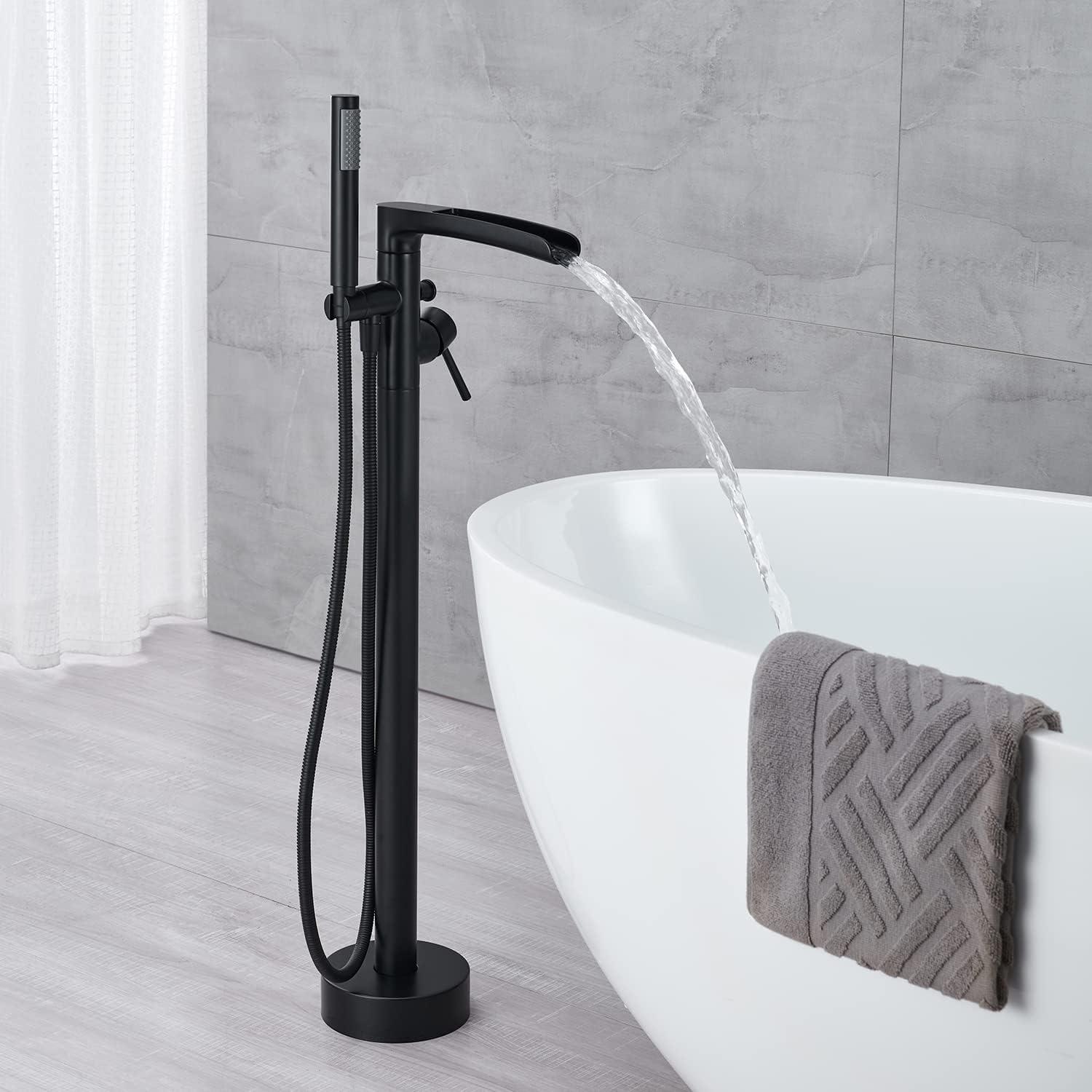 MOGFCT Waterfall Freestanding Bathtub Faucet Set Single Handle Floor Mount Tub Filler with Hand Shower ,Matte Black