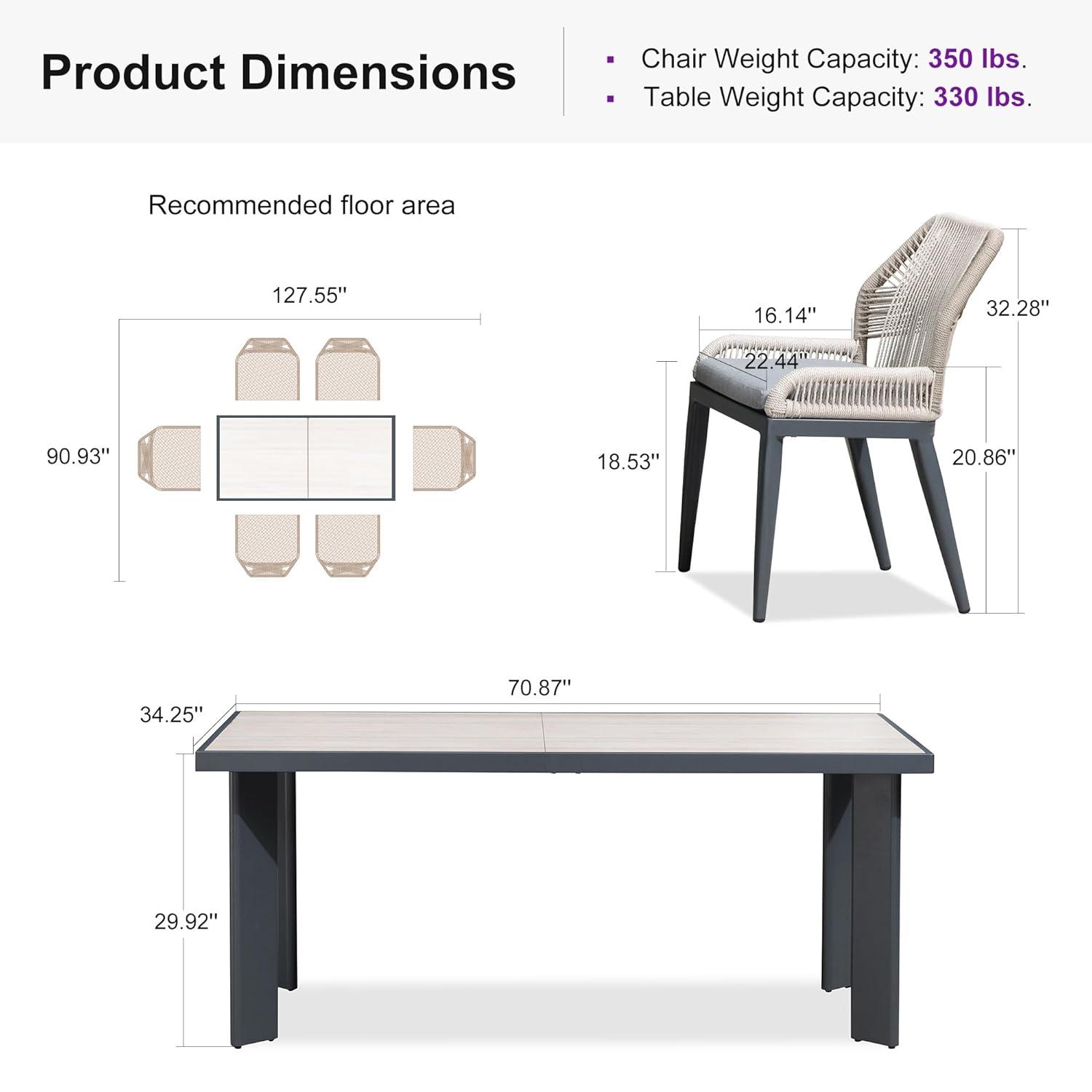 PURPLE LEAF 7 Pieces Patio Dining Set Aluminum Rectangular Table and Wicker Chairs with Cushions for Kitchen Porch Garden Modern Outdoor Furniture Sets, Beige and Dark Grey