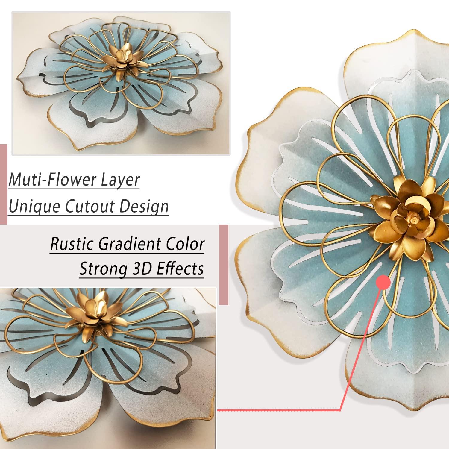 Reflinto Metal Flower Wall Decor, Modern Iron Floral Wall Art Sculpture Farmhouse Hanging Decoration for Home Living Room, Bathroom, Kitchen, indoor, Patio Porch - Blue, 9.5"…