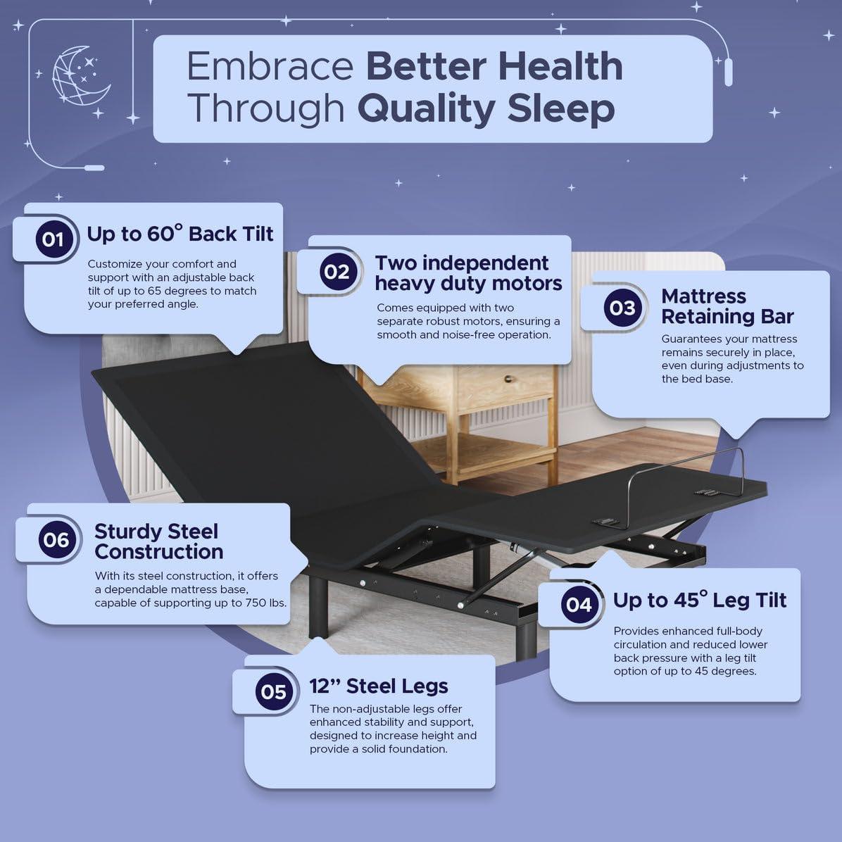 Celestial Aurora Adjustable Bed Base (Frame Only), Easy Assembly, Head and Foot Lift, Zero Gravity, Memory Positions - Twin XL