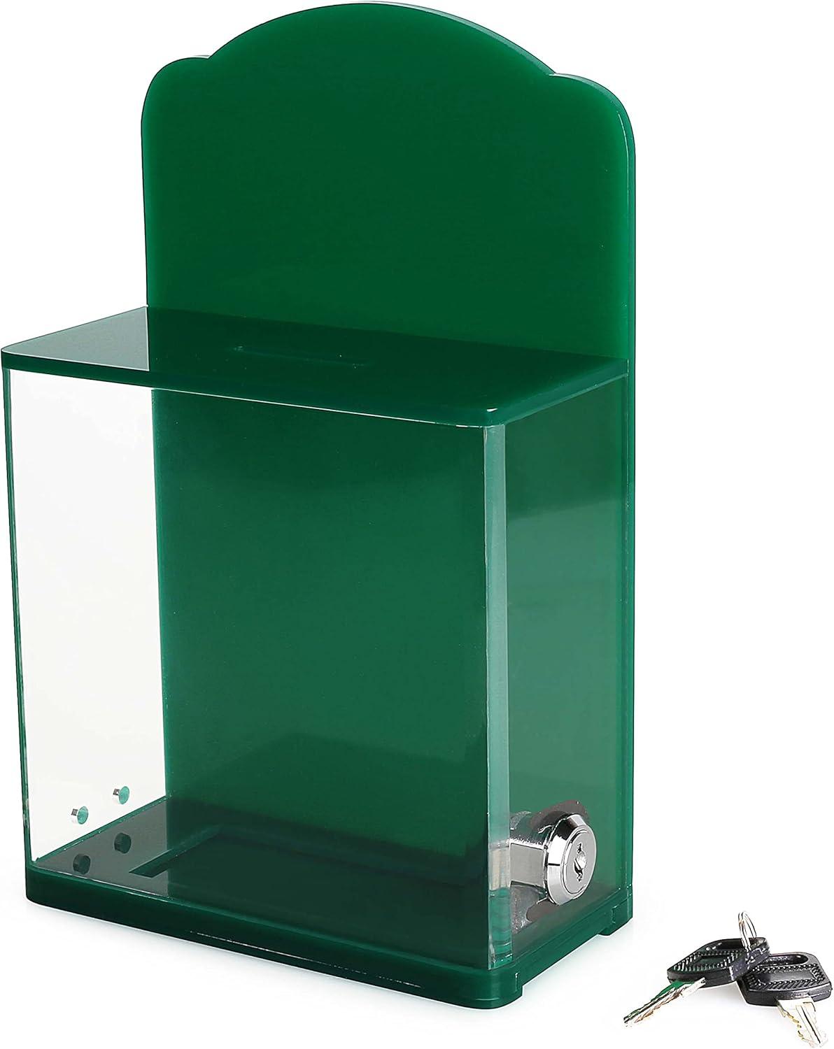 Acrylic Donation Suggestion collection Box For Fundraising Wall mounted Or Retail Countertop Tip Box with curved edges back wall display area 10 x 6 inches, Lock With set of keys Green