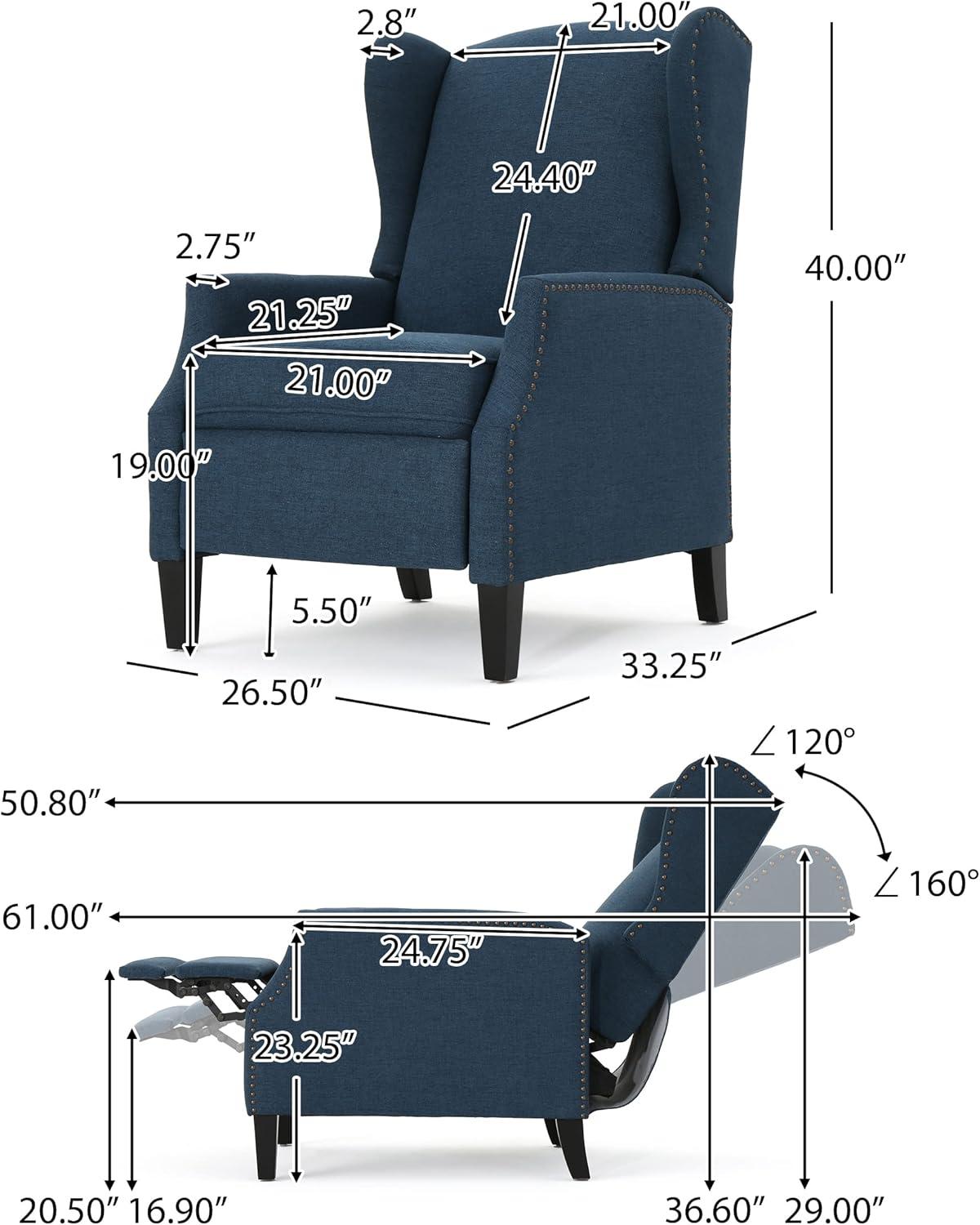 GDFStudio Weyland Contemporary Fabric Wingback Pushback Recliner with Nailhead Accents, Navy Blue
