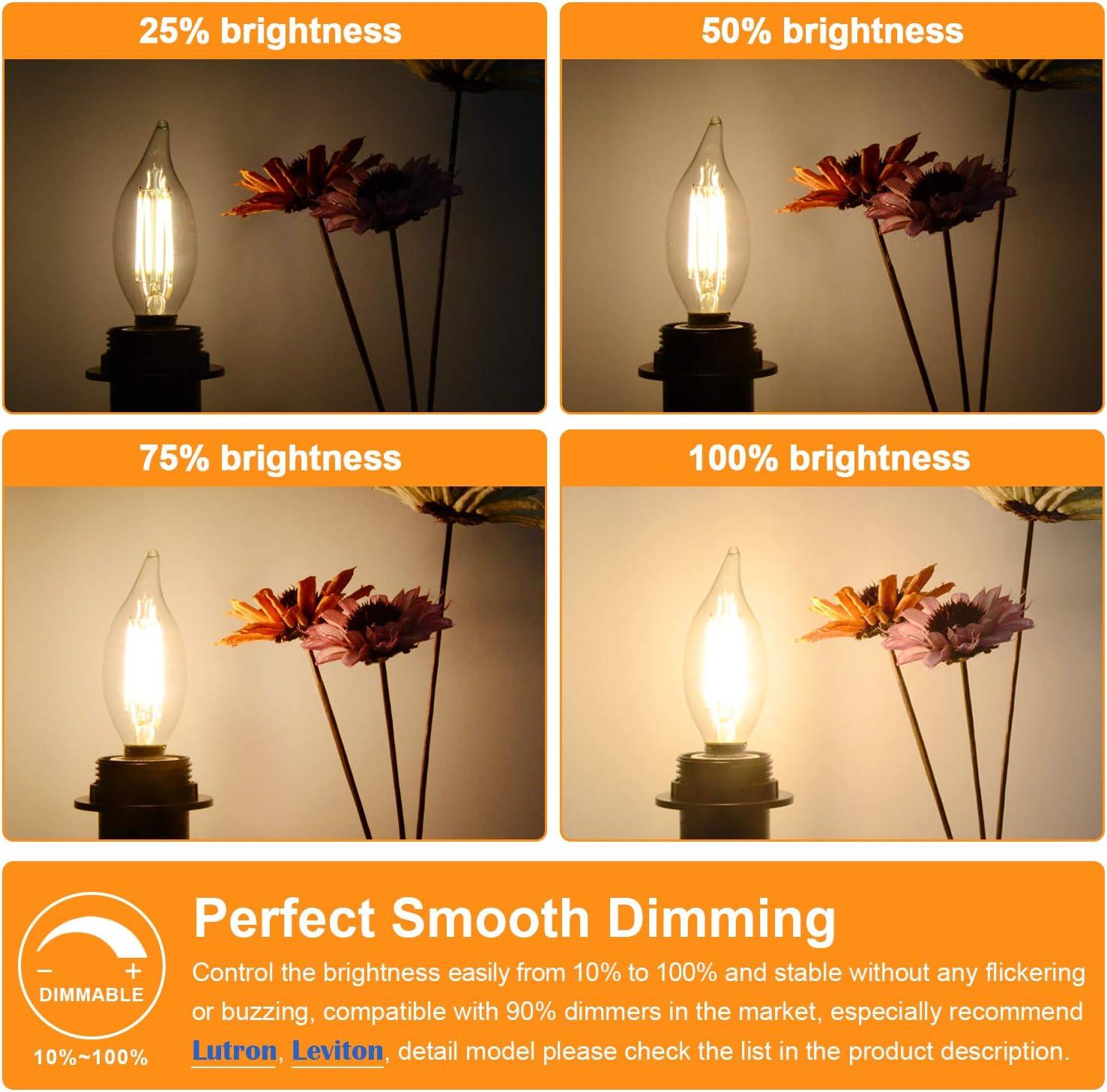 Dimmable E12 Candelabra LED Bulbs 60 Watt Equivalent, 2700K Warm White, Clear Filament LED Chandelier Light Bulbs 6W, 600lm, CA11 Vintage Ceiling Fan Light Bulb with Flame Tip, 12-Pack