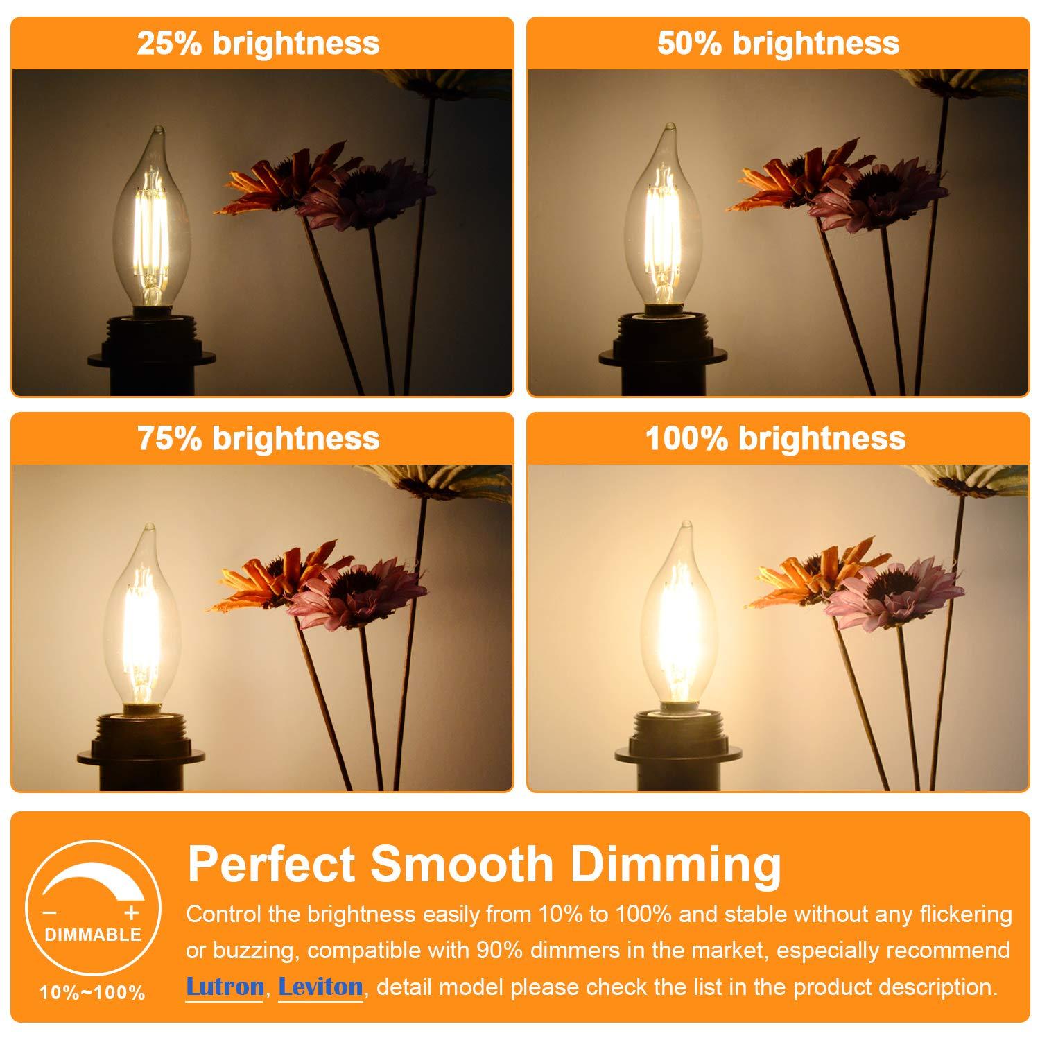 Dimmable E12 Candelabra LED Bulbs 60 Watt Equivalent, 2700K Warm White, Clear Filament LED Chandelier Light Bulbs 6W, 600lm, CA11 Vintage Ceiling Fan Light Bulb with Flame Tip, 12-Pack