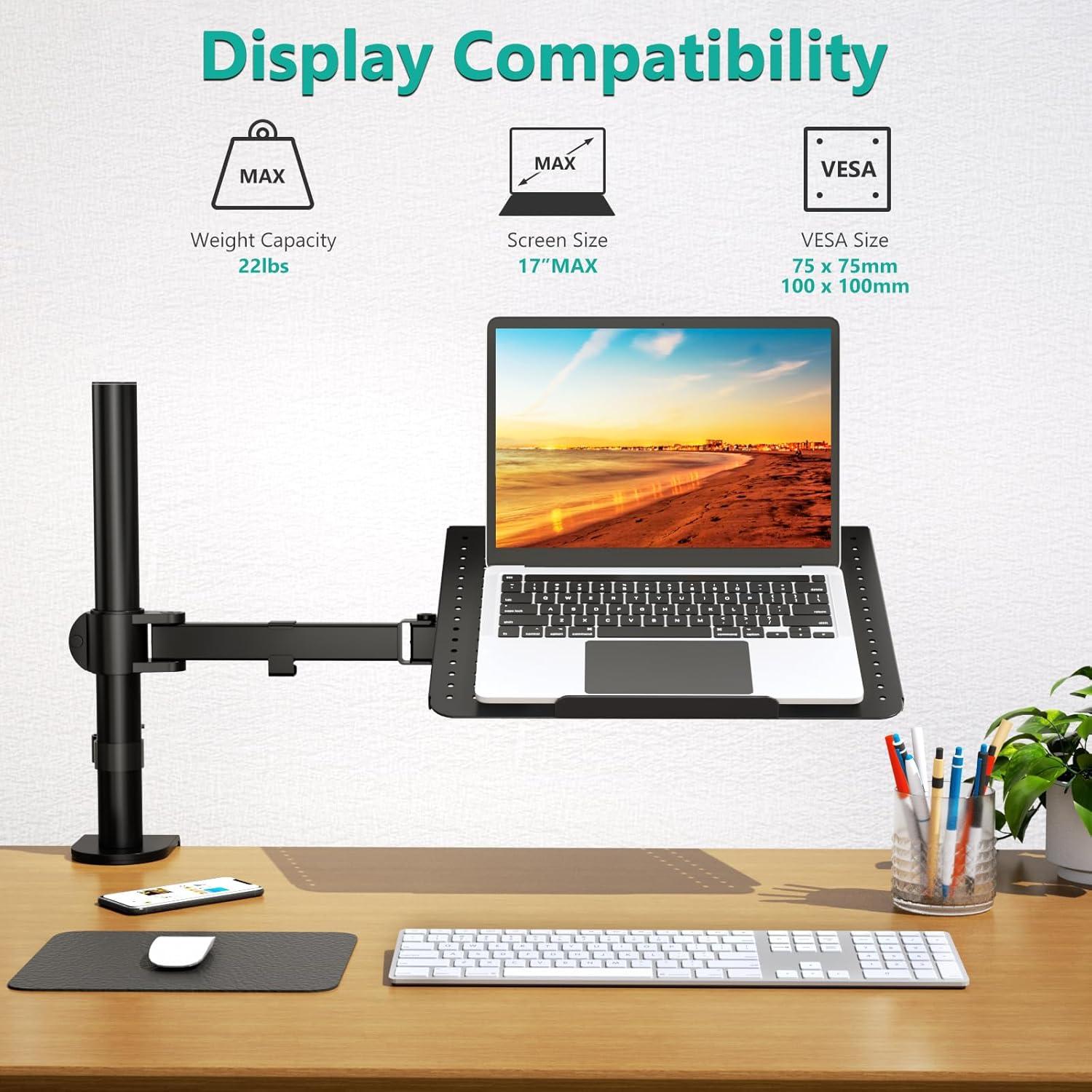 WALI Laptop Tray Desk Mount for 1 Laptop Notebook up to 17'', Fully Adjustable, 22 lbs Capacity with Vented Cooling Platform Stand (M00LP)