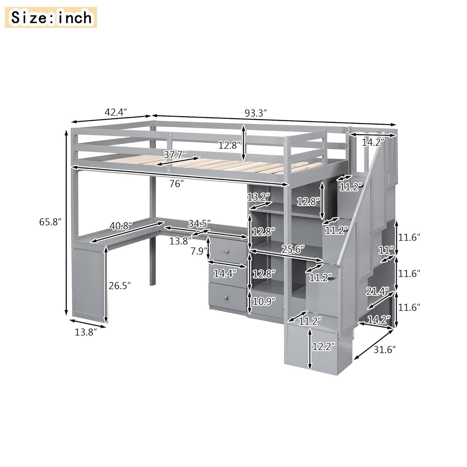 Twin Size Loft Bed with Staircase and L-Shaped Desk, Wooden Loft Bed with Storage Shelves and Drawers, Twin Loft Bunk Bed Frame for Kids Boys Girls Teens, No Box Spring Needed (Gray)