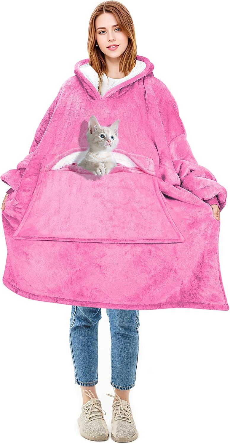 Solaris Women Flannel Blanket Hoodie Oversized Sweatshirt, Wearable Fleece Blanket Woman, Christmas Gift for Her, Hot Pink