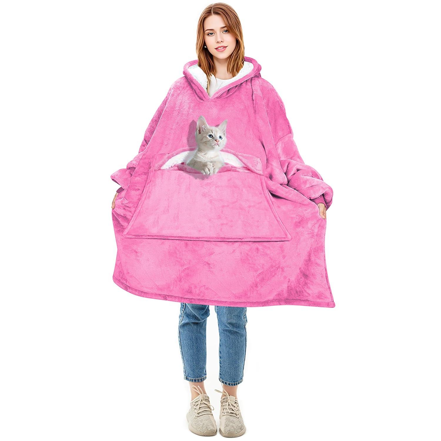 Solaris Women Flannel Blanket Hoodie Oversized Sweatshirt, Wearable Fleece Blanket Woman, Christmas Gift for Her, Hot Pink