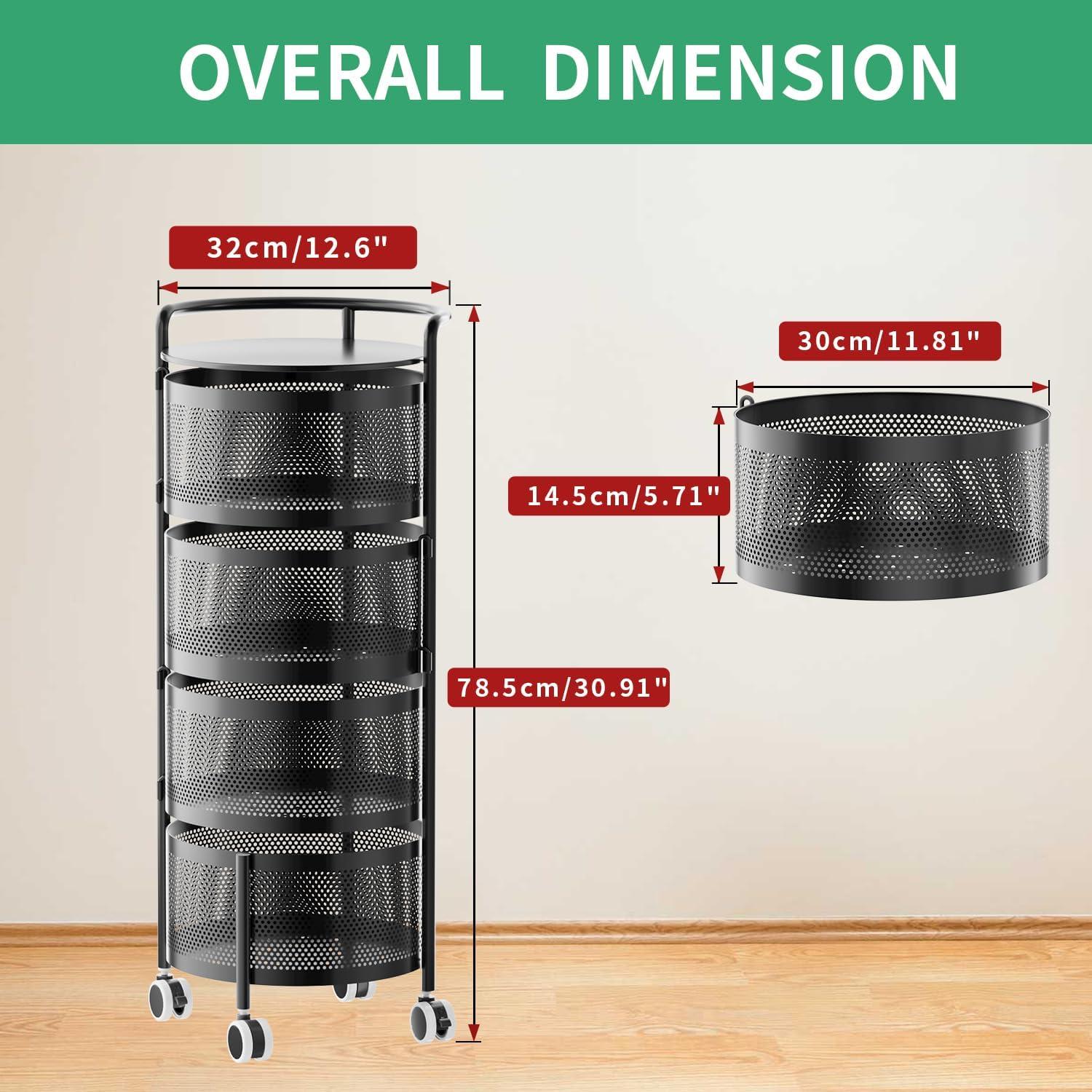 Rotating Kitchen Storage Rack No Assembly, 4-Tier Metal Storage Tower Basket Shelves Organizer on Rolling Wheels with Removal Drawers for Fruit Vegetable Grocery Corns Potato Onion (4-Tier, Black)