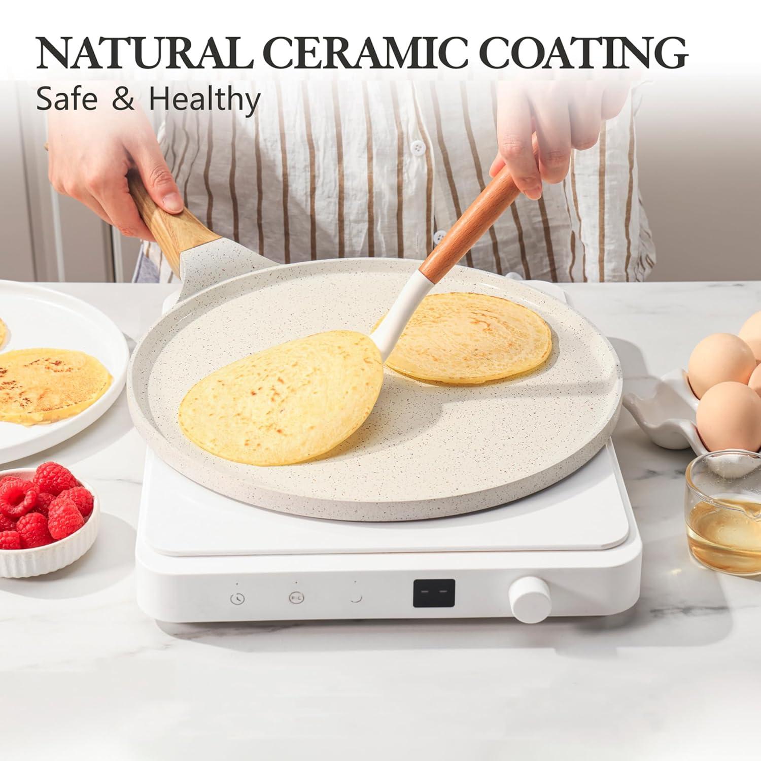 SENSARTE Nonstick Crepe Pan with Spreader, 10-Inch Natural Ceramic Coating Dosa Pan Pancake Flat Skillet Tawa Griddle with Stay-Cool Handle, Induction Compatible (White)