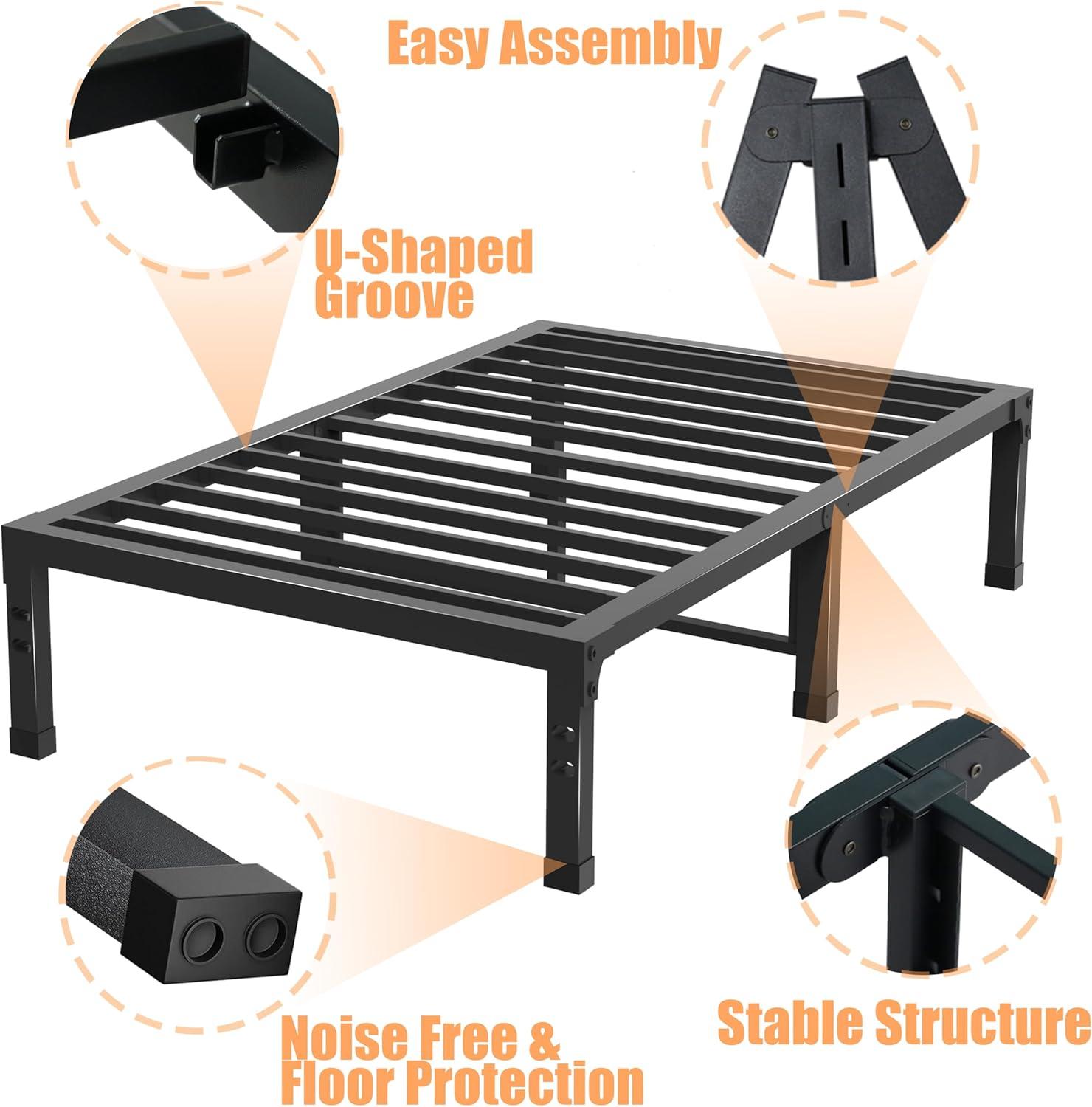 NNV 14" 3500 lbs Heavy Duty Bed Frame, Duty Steel Slat Metal Bed Frame Black - Twin