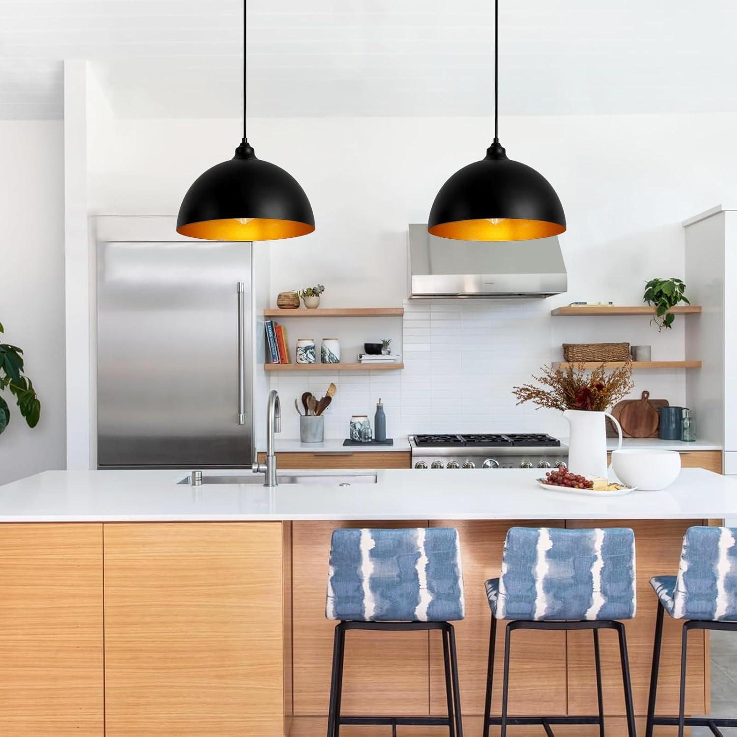 2-Pack Black Pendant Lights, 11.81'' Modern Pendant Lights Kitchen Island, Dome Large Pendant Light for Dining Room Foyer Bedroom Entryway Hallway Light Fixtures