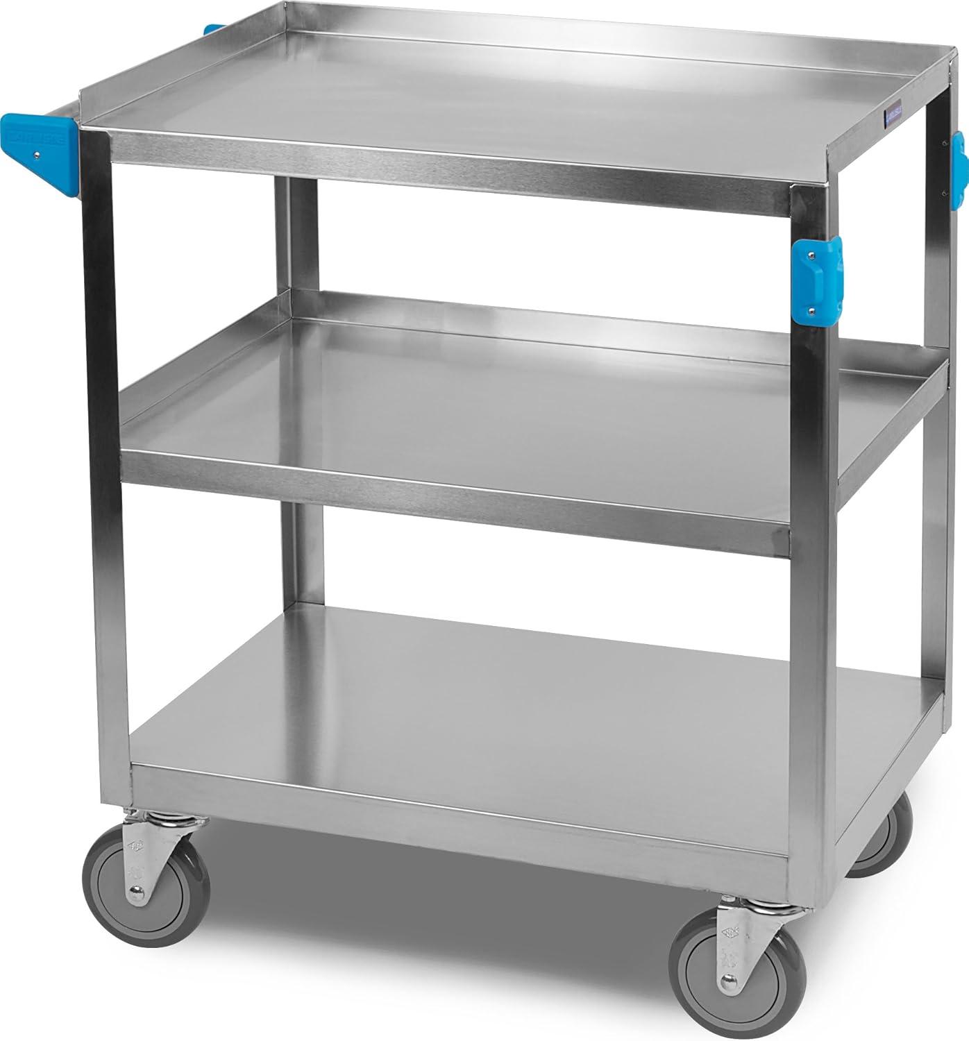 Stainless Steel 3-Shelf Utility Cart with Flat Ledge, Silver