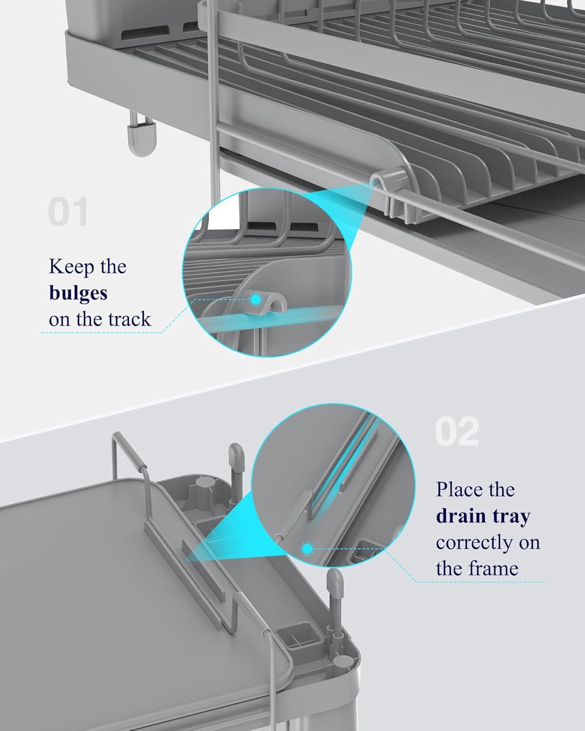 Kitsure Large Dish Drying Rack - Extendable Dish Rack, Multifunctional Dish Rack for Kitchen Counter, Anti-Rust Dish Drainers with Cutlery & Cup Holders 19.2"-26.7" L x 12.9" W, Grey