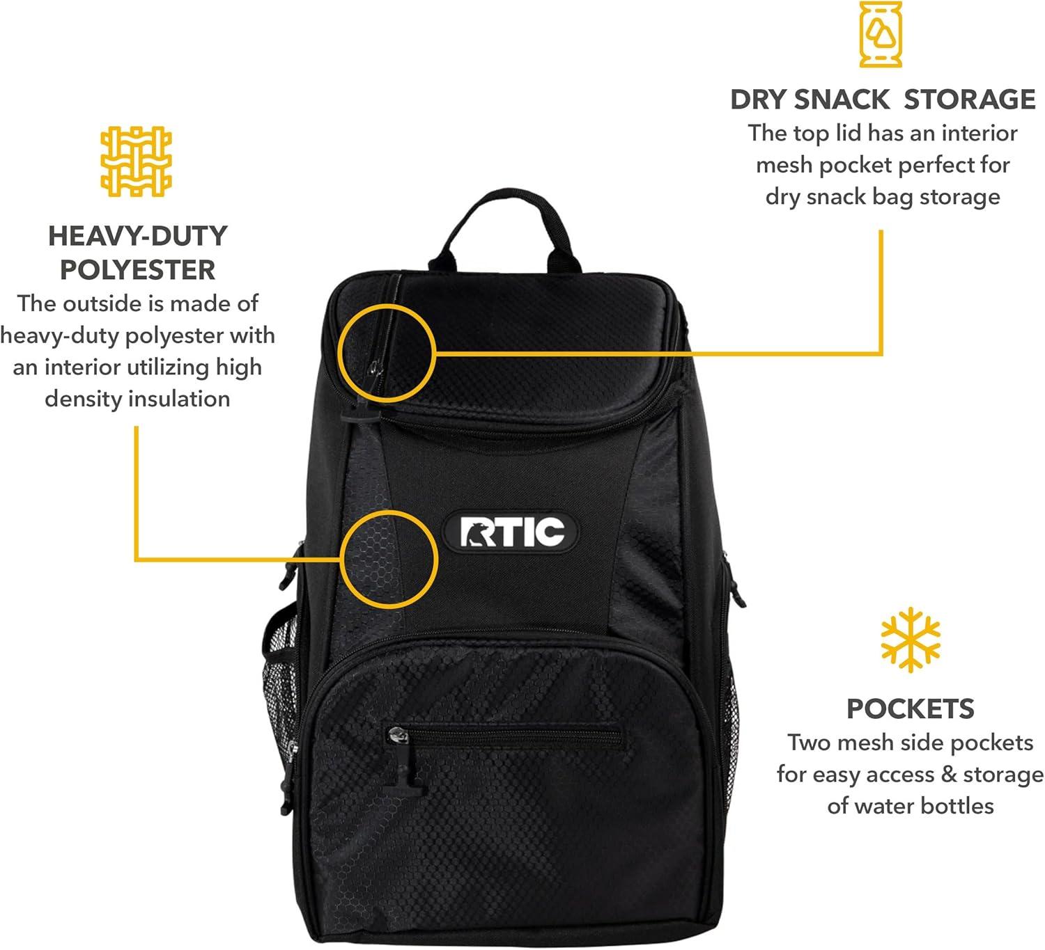 RTIC 15 Can Lightweight Backpack Insulated Cooler, 10 Qt, Storage Pockets, Black