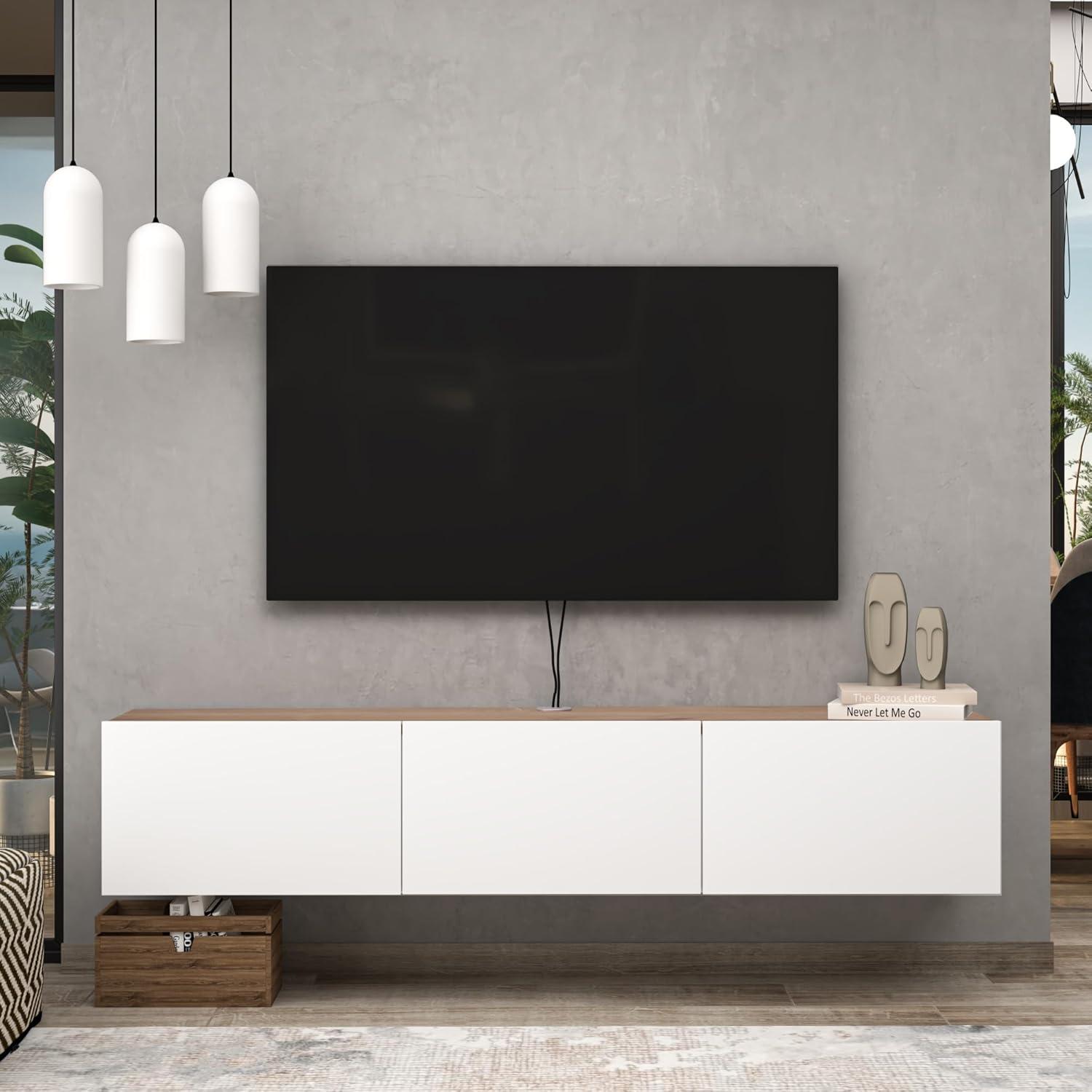 Modern White and Oak Floating TV Stand with Cabinet