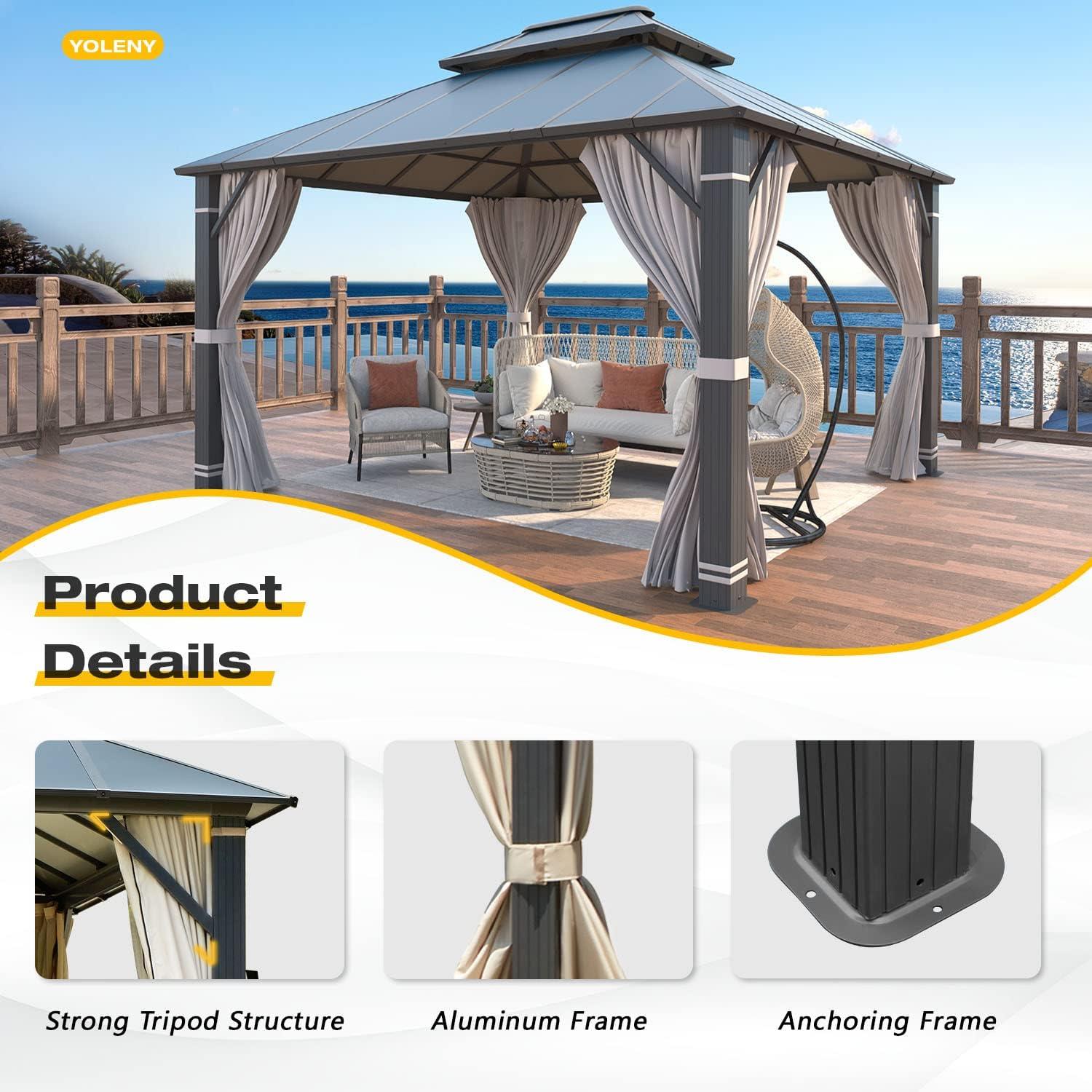 EROMMY 12'x14' Hardtop Gazebo Patio Furniture, Aluminum Frame Double Roof, Privacy Curtains and Premium Net for Patio Lawn and Garden