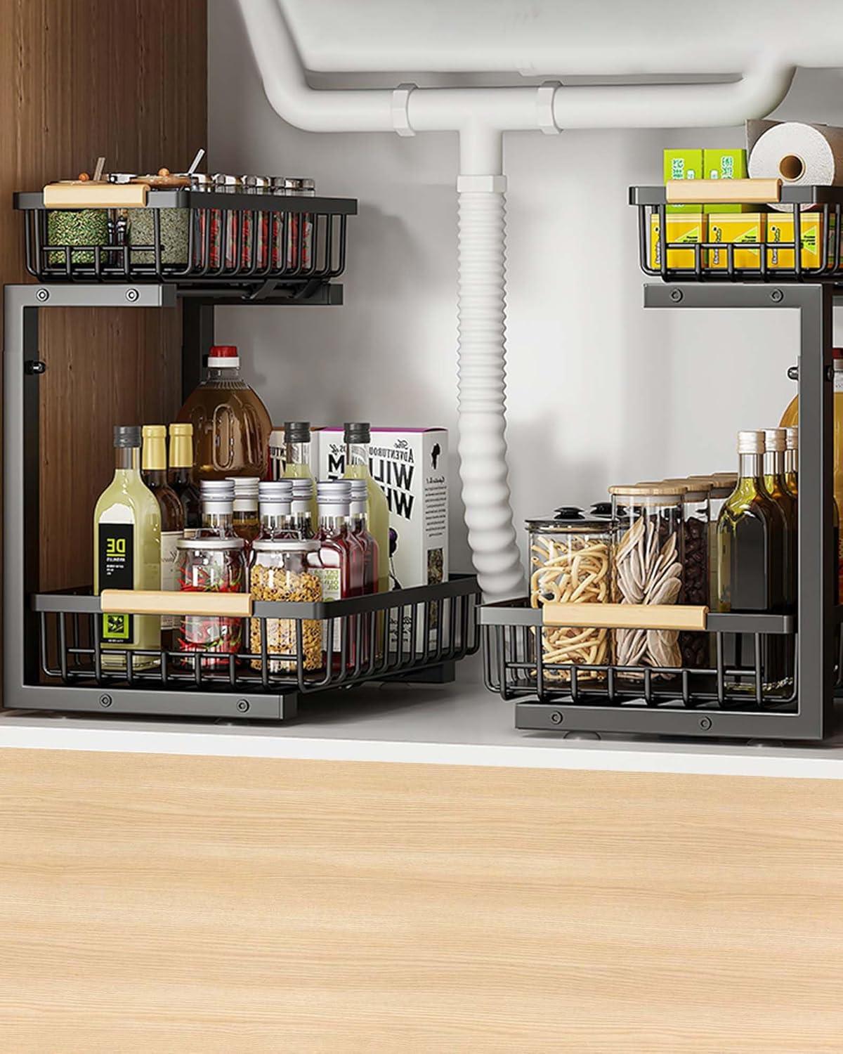 Rebrilliant Under Sink Organizer, 2 Tier Under Sink Organizers And Storage, Metal Slide Out Pull Out Cabinet Organizer ,2 Pack Sliding Drawer Organizer For Kitchen Bathroom Pantry