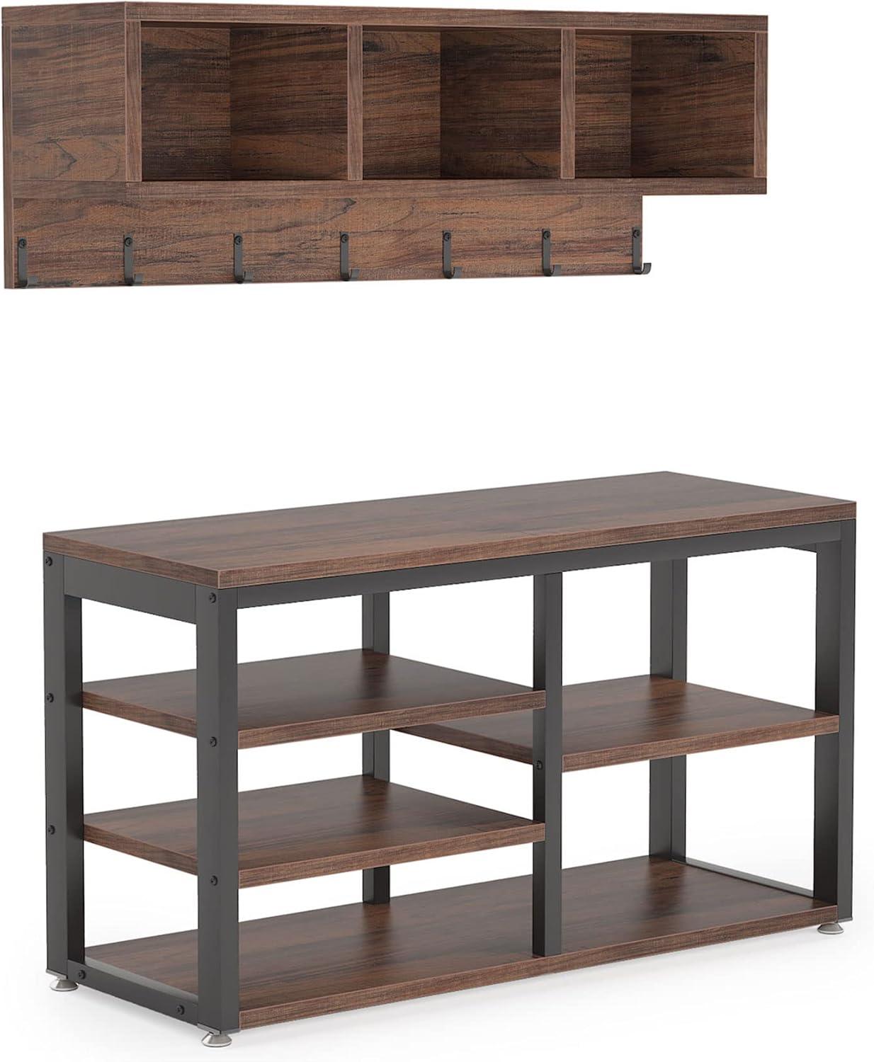Tribesigns Coat Rack Shoe Bench Set Hall Tree with Shoe Bench Industrial Shoe Rack Bench with Coat Rack 3 Storage