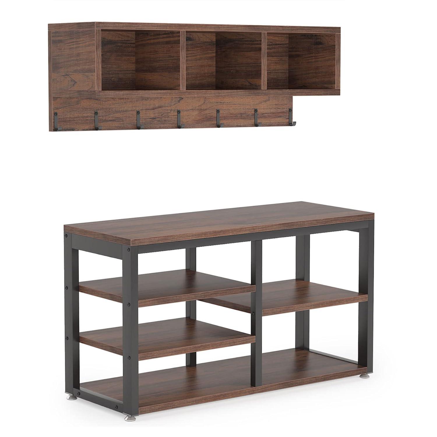 Tribesigns Coat Rack Shoe Bench Set Hall Tree with Shoe Bench Industrial Shoe Rack Bench with Coat Rack 3 Storage
