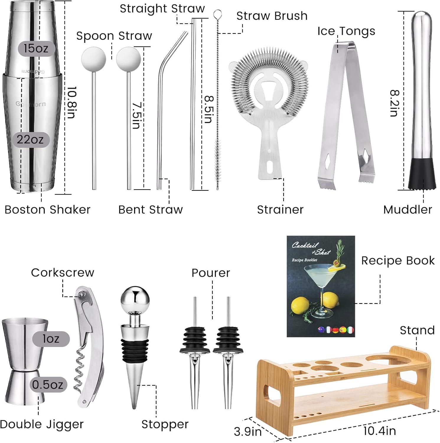 16-Piece Stainless Steel Bartender Kit with Bamboo Stand