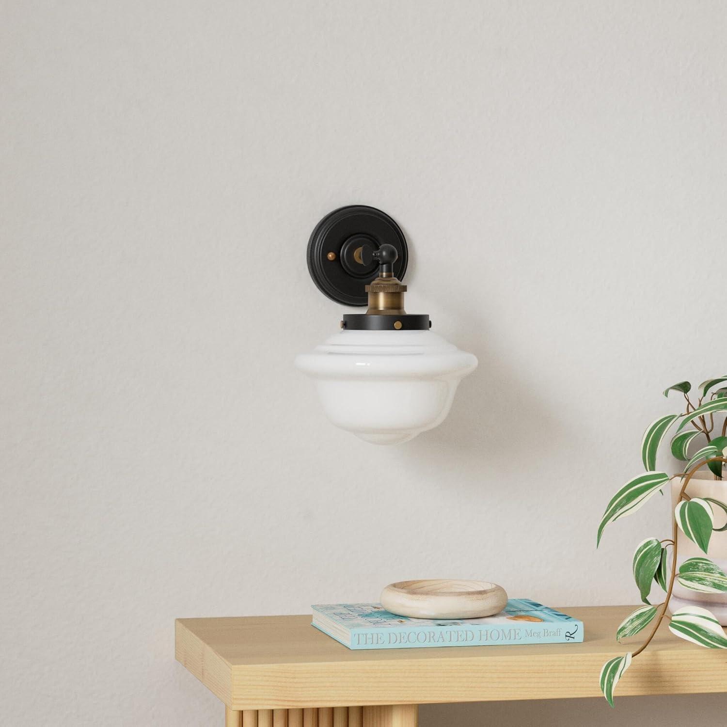 Retro Black and Brushed Nickel Vanity Light with Milk Glass Shade