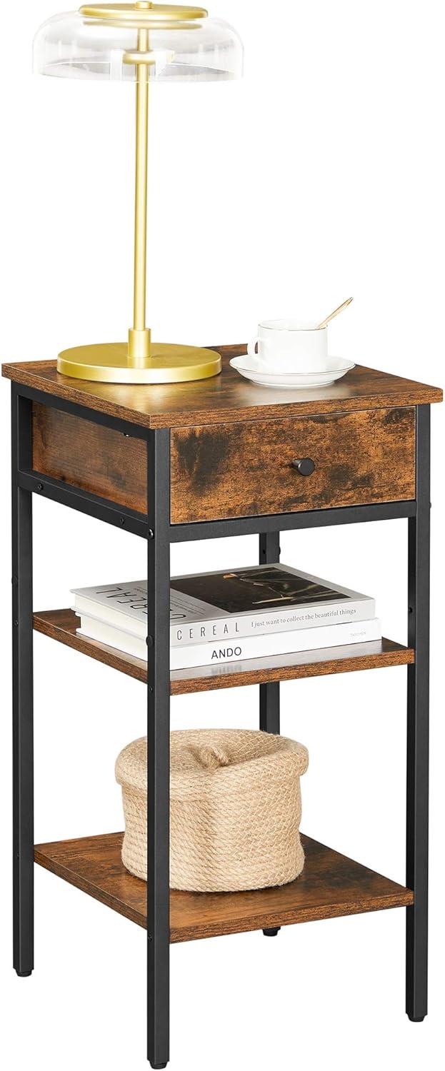 VASAGLE End Table Side Table Industrial Nightstand with 1 Drawer and 2 Shelves Rustic Brown