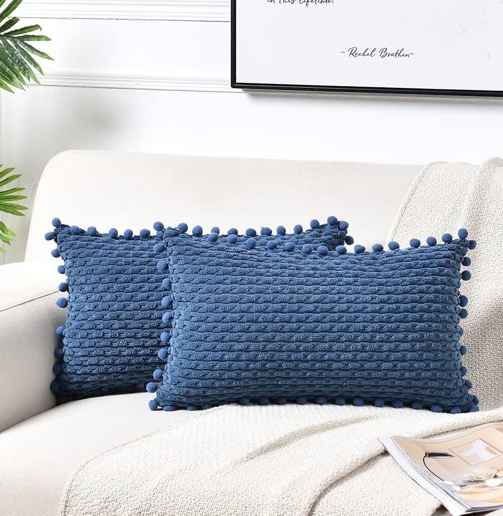 Boho Sage Green Striped Corduroy Pillow Covers - Set of 2 | Farmhouse Rectangle Cushion Cases for Sofa Couch Bed | Soft Decorative Throw Pillowcases - 12x20 Inch Home Decor