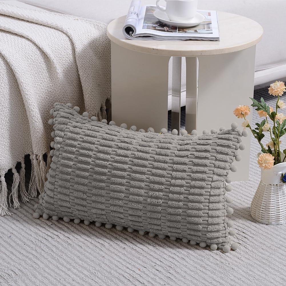 Boho Sage Green Striped Corduroy Pillow Covers - Set of 2 | Farmhouse Rectangle Cushion Cases for Sofa Couch Bed | Soft Decorative Throw Pillowcases - 12x20 Inch Home Decor