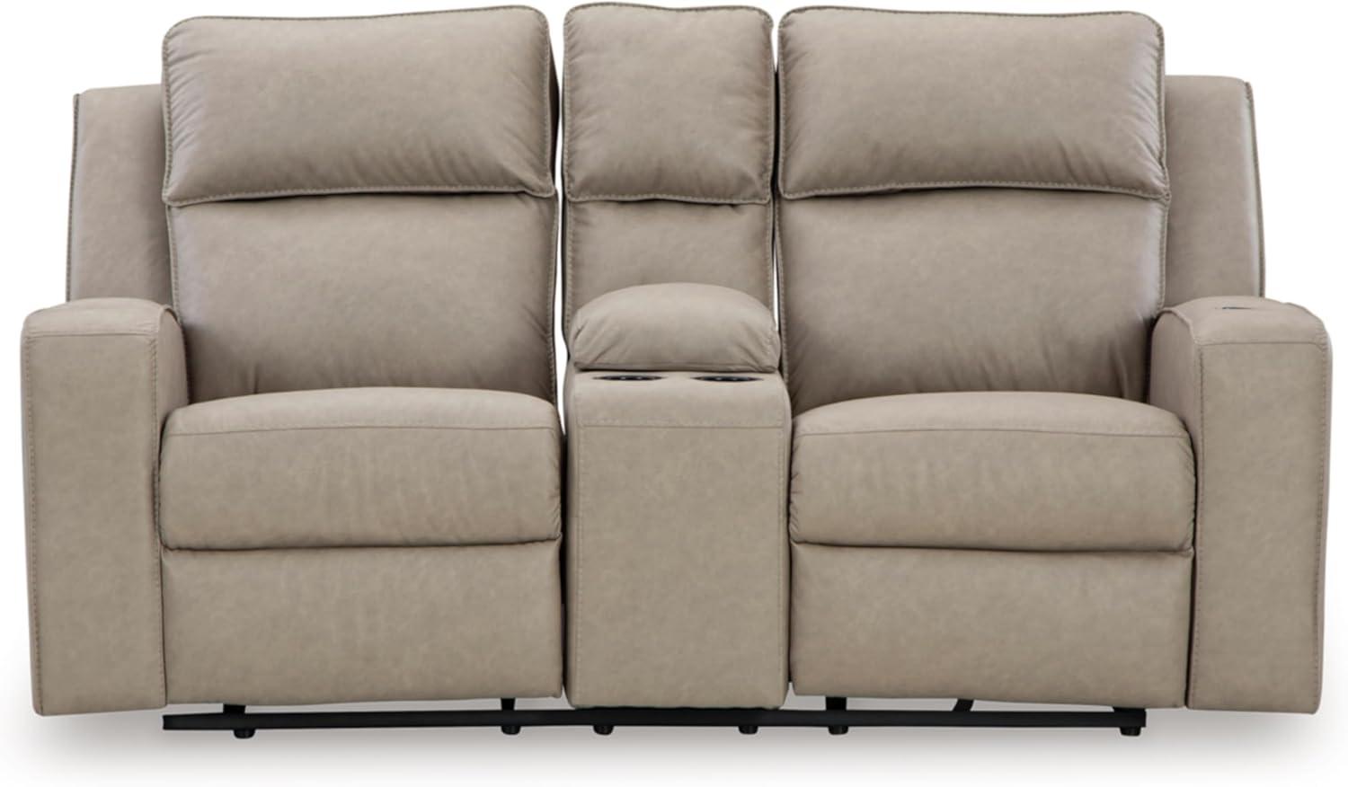 Beige Faux Leather Reclining Loveseat with Storage and Cup Holders