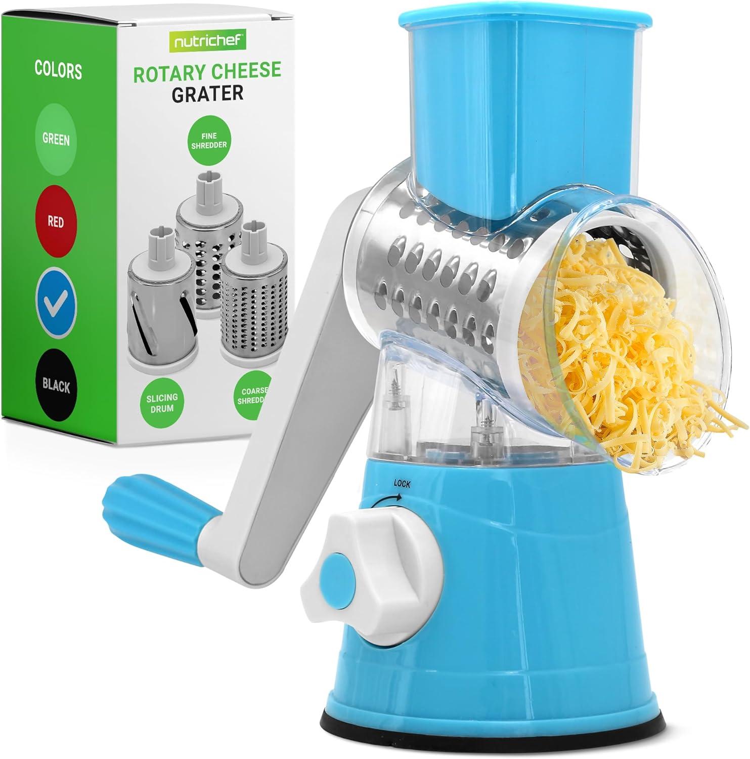 Nutrichef Rotary Cheese Grater with Handle and 3 Replaceable Drum Blades