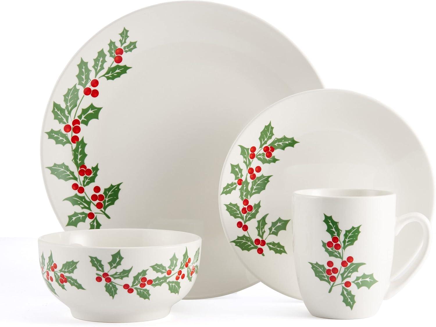 Holly Cheer White Porcelain 16-Piece Dinnerware Set, Service for 4