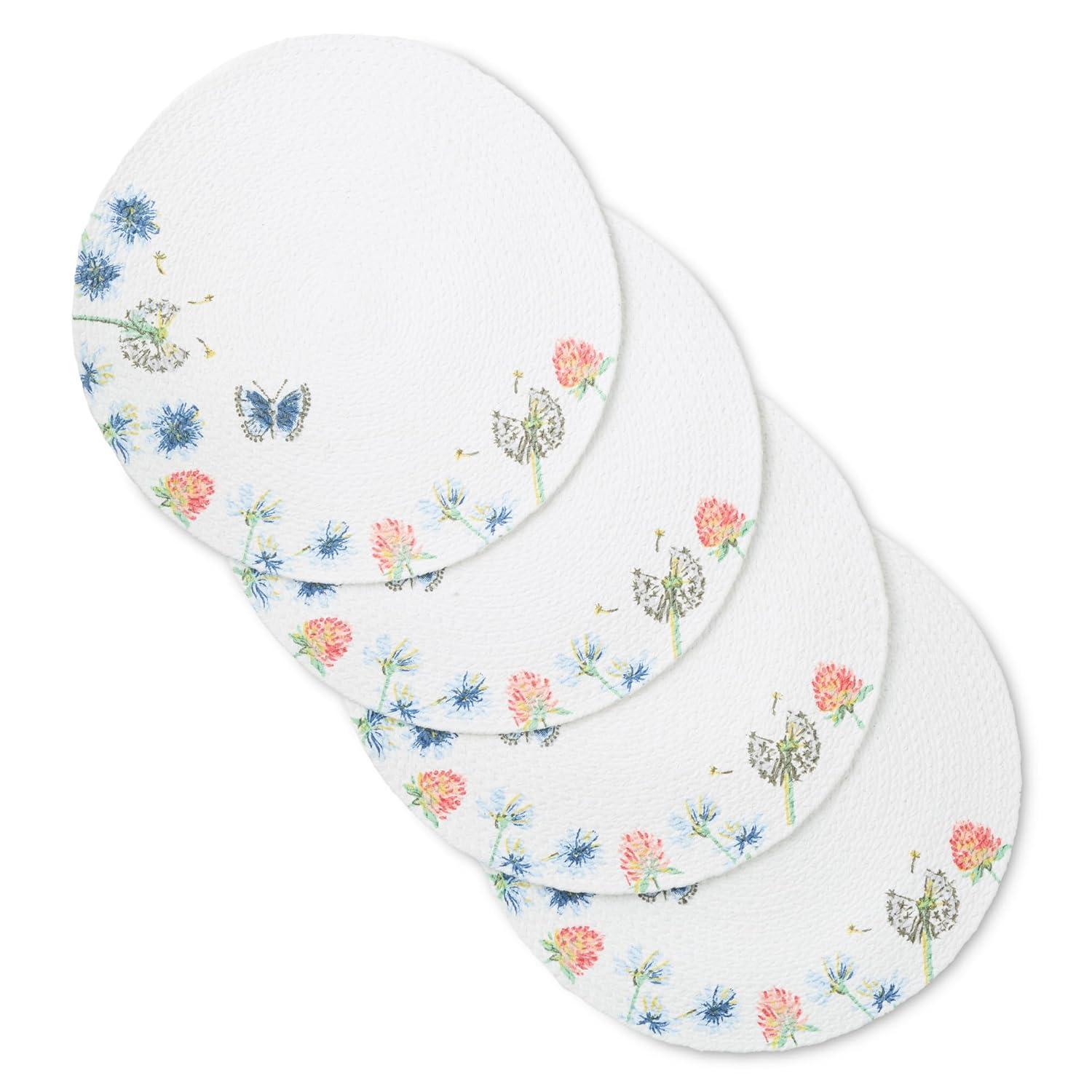Handwoven Cotton Floral Round Placemats Set in White, Blue, and Pink