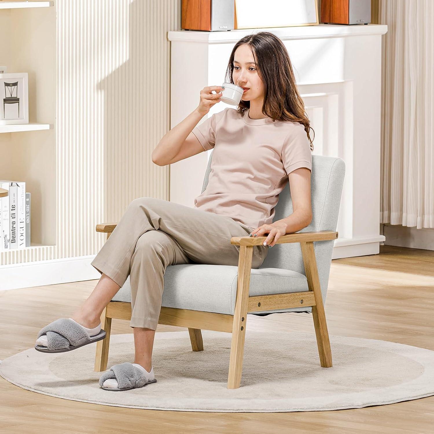 Beige Upholstered Wood Frame Ergonomic Accent Chair