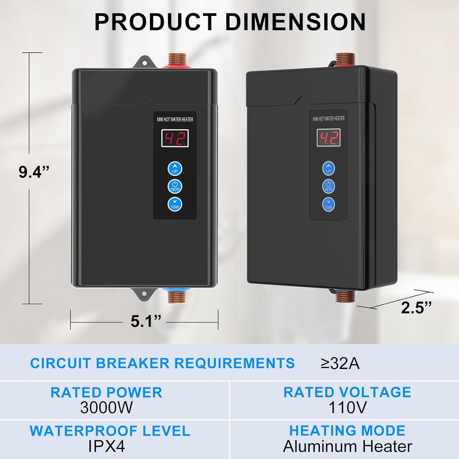 Compact Black Electric Tankless Water Heater with Remote Control