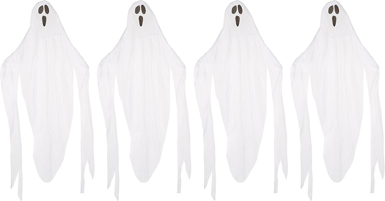 Set of 4 White Fabric Hanging Ghosts for Halloween