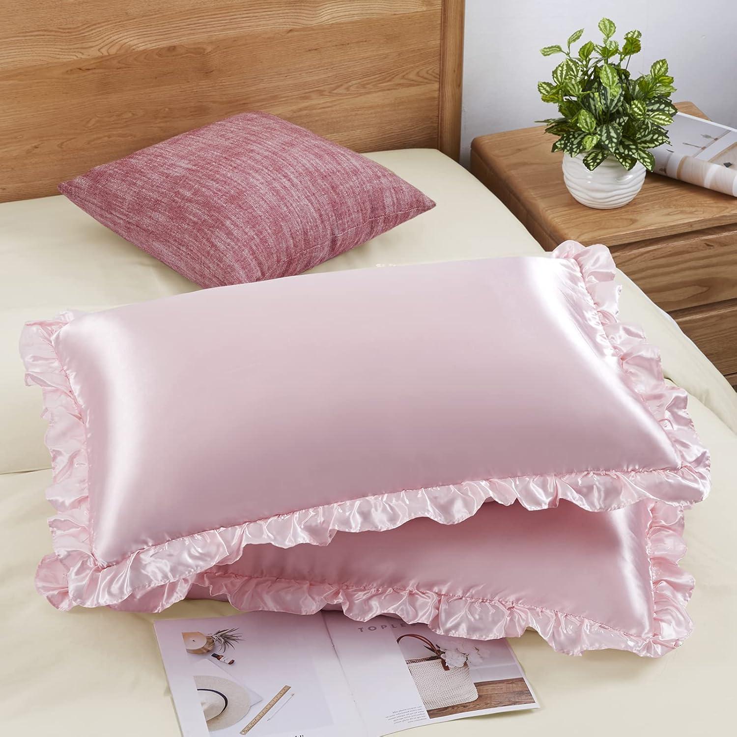 SiinvdaBZX Ruffled Queen Satin Pillowcase Set of 2, Blush Pink Silky Satin Pillow Cases for Women Ruffle Pillow Shams Covers Princess Room Decoration, with Envelope Closure