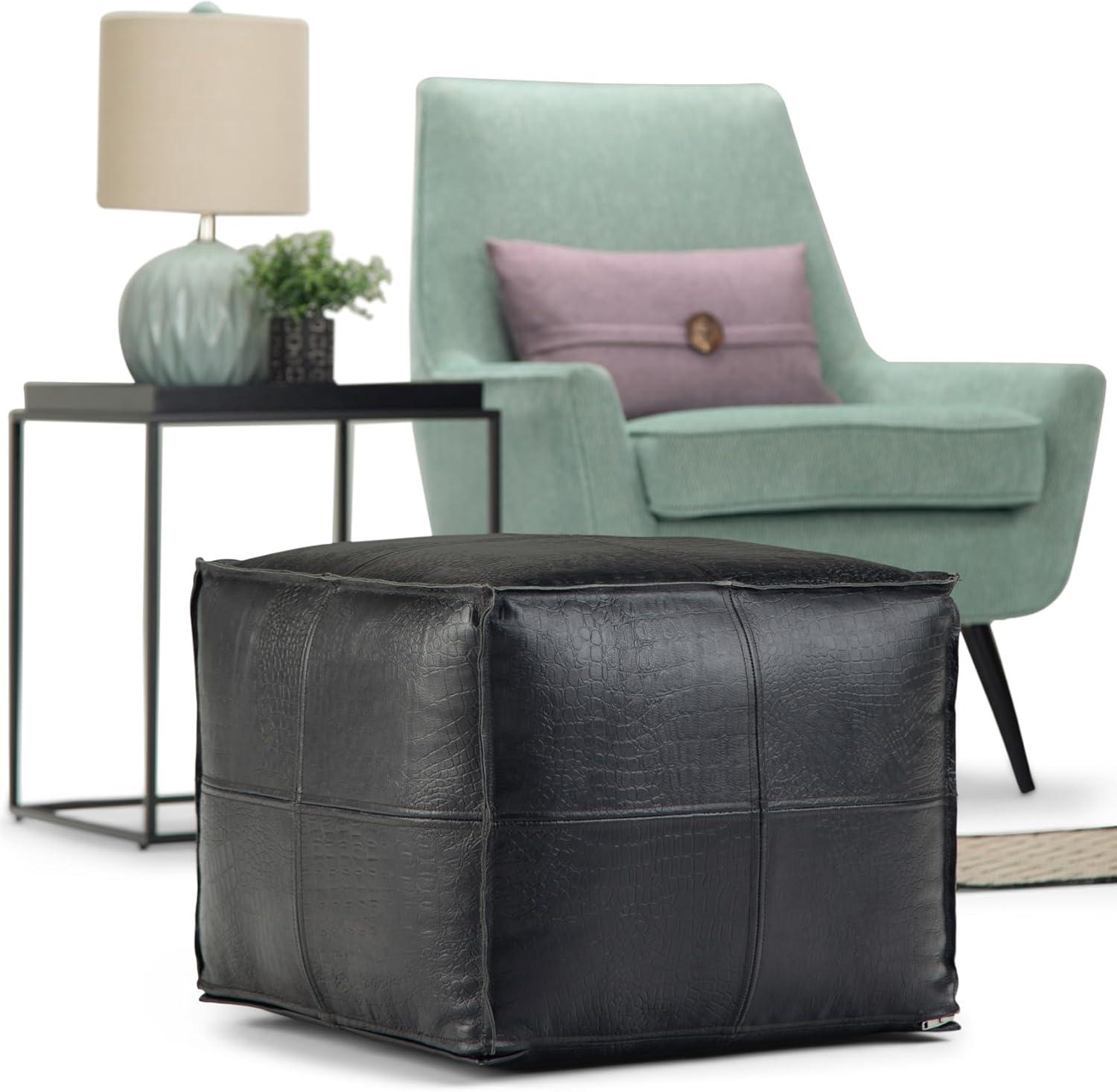 Bohemian Black Genuine Leather Square Pouf Ottoman