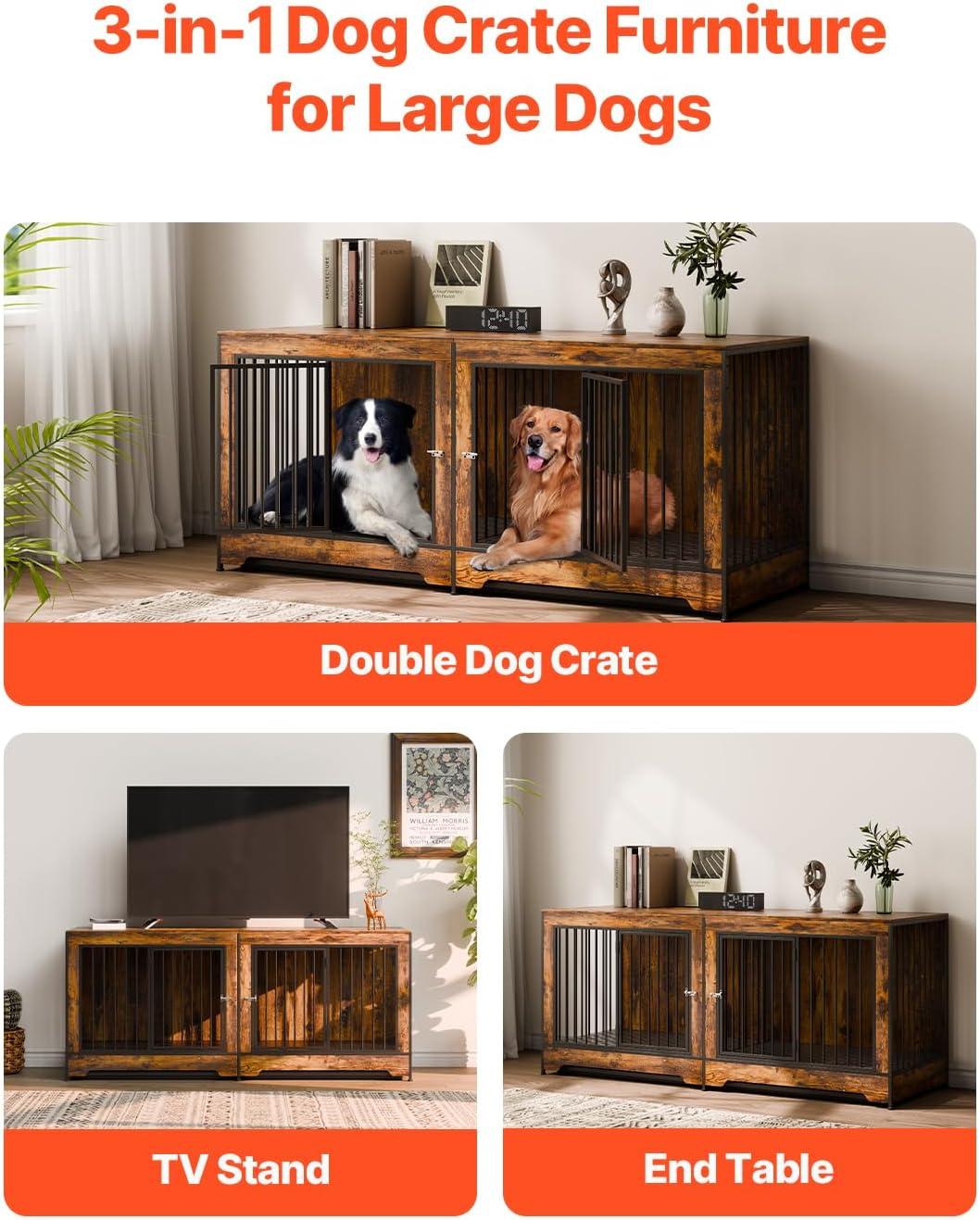 VEVOR 72"Dog Crate Furniture for 2 Dogs,Double Dog Crate Furniture with Double Sliding Doors,Large Dog Crate TV Stand with Removable Tray,Steel Frame Double Dog Crate for Small,Medium,Large Dogs White