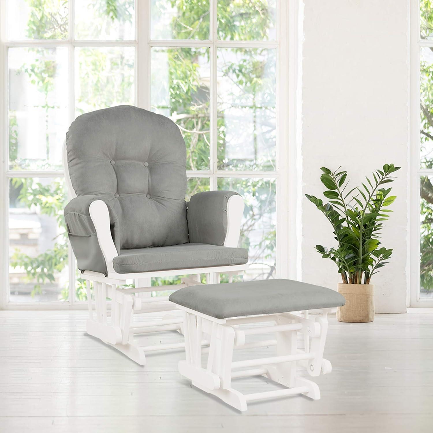 Light Gray Upholstered Nursery Glider and Ottoman Set