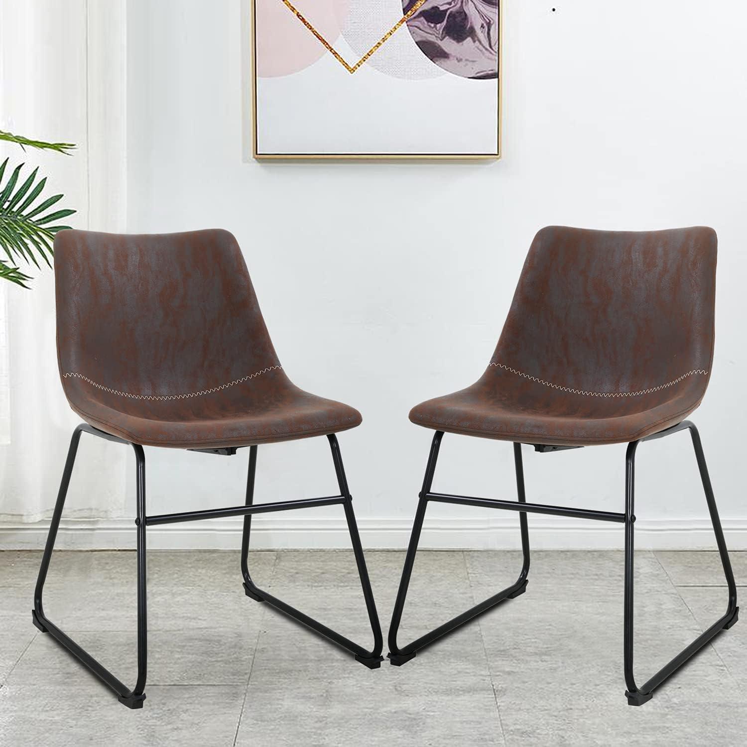 Set of 2 Brown Leather and Metal Barstools with Solid Back