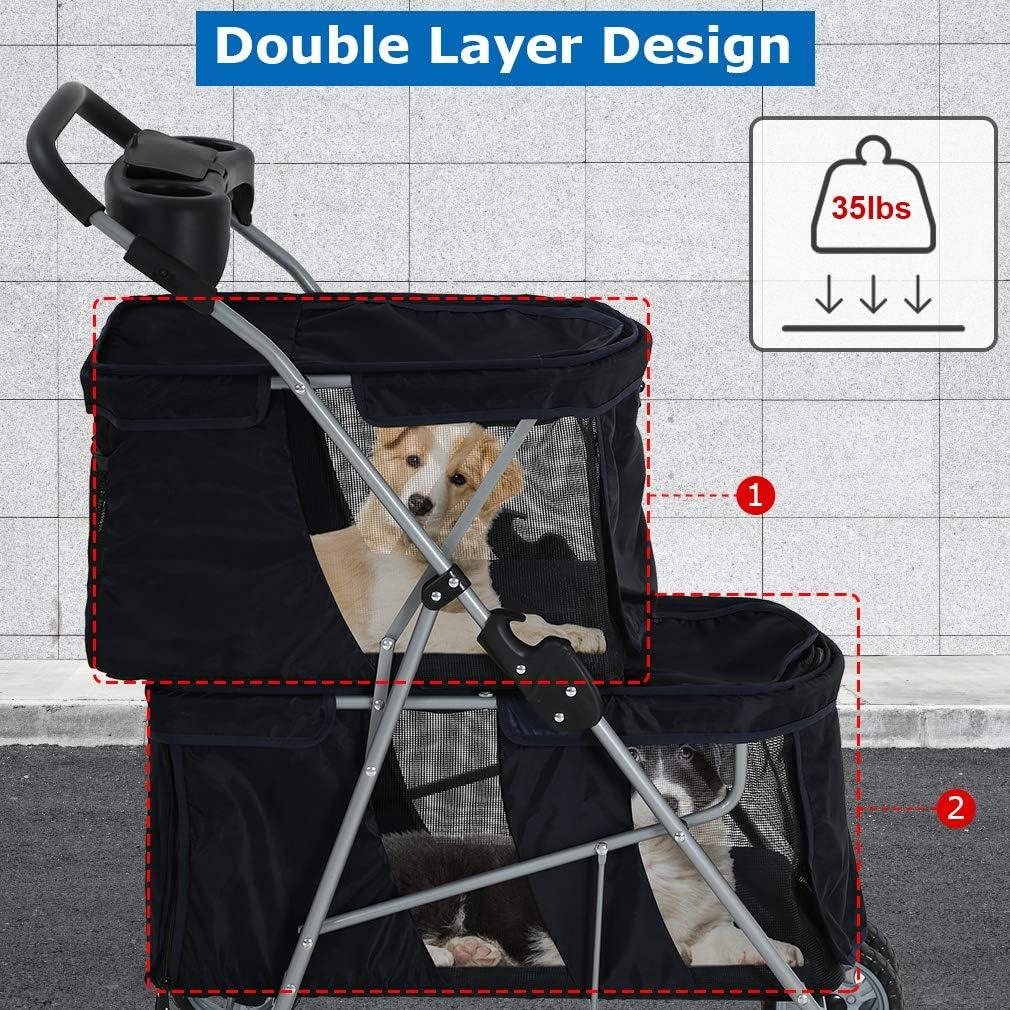 Black Double-Layer Lightweight Pet Stroller with Mesh Panels