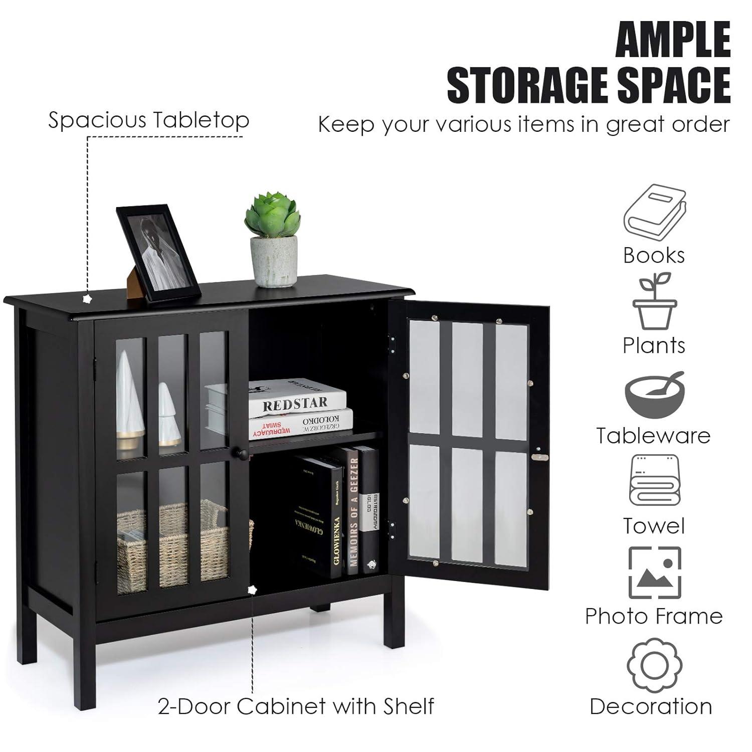 Tangkula Sideboard Buffet Storage Cabinet, with 2 Glass Doors, Liquor Curio Cabinet for Home Kitchen Dining Room, Cupboard Console Table (Black)