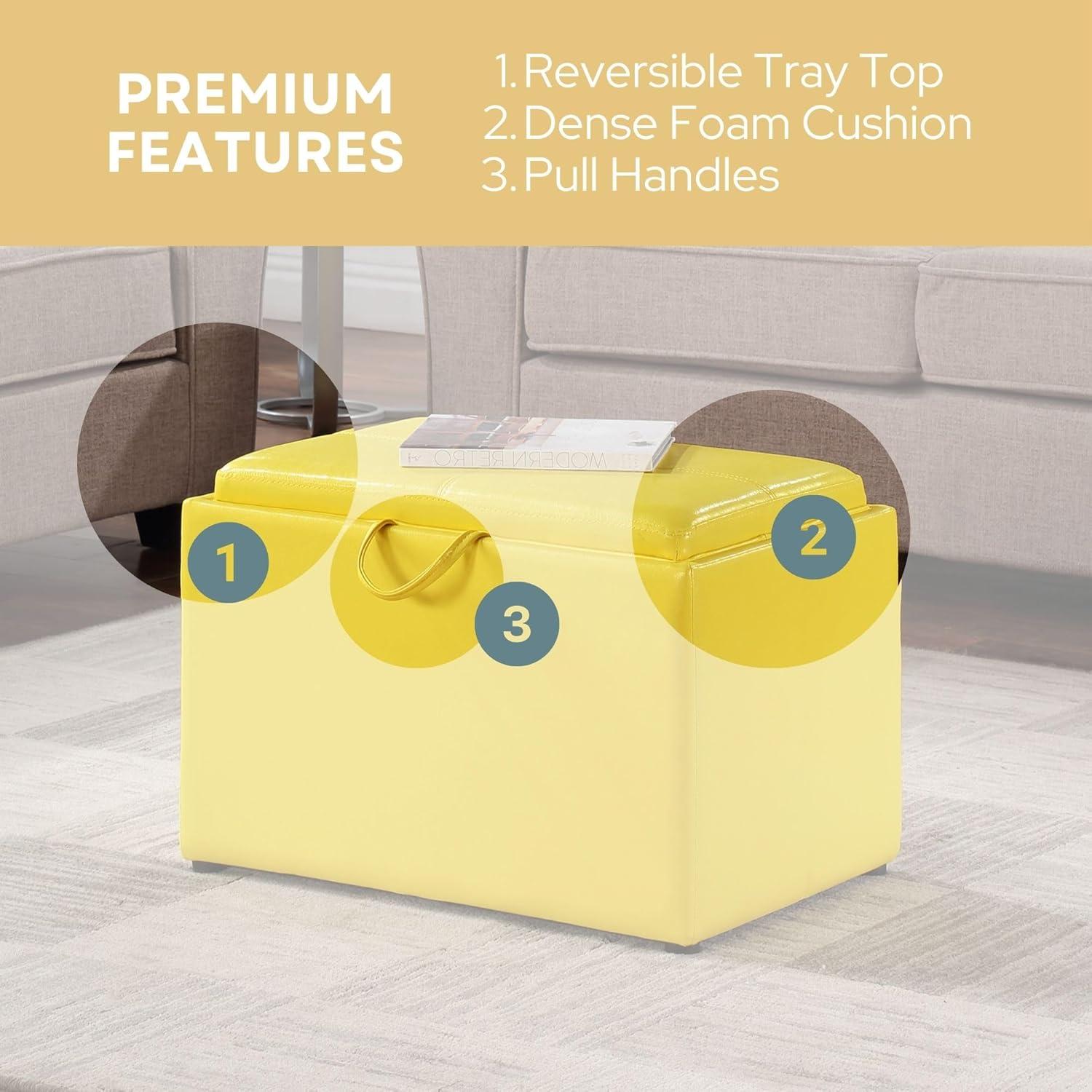 Convenience Concepts Designs4Comfort Accent Storage Ottoman with Reversible Tray, Yellow Faux Leather