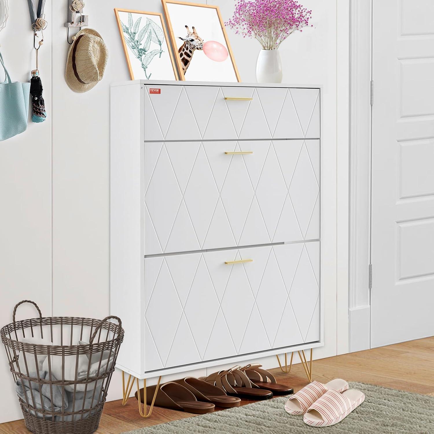 White Wood and Metal 3-Drawer Shoe Storage Cabinet