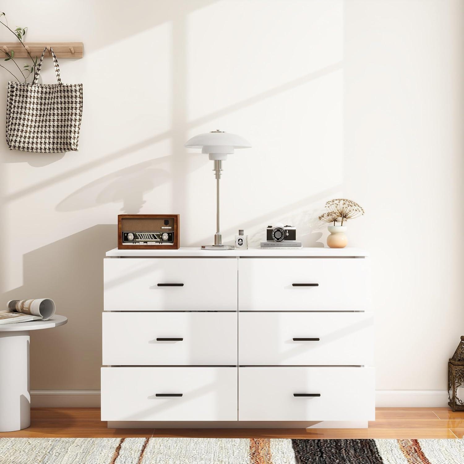 6 Drawer Dresser with Metal Handle, Wood Wide Chest of Drawers Storage Cabinet with 6 Drawers