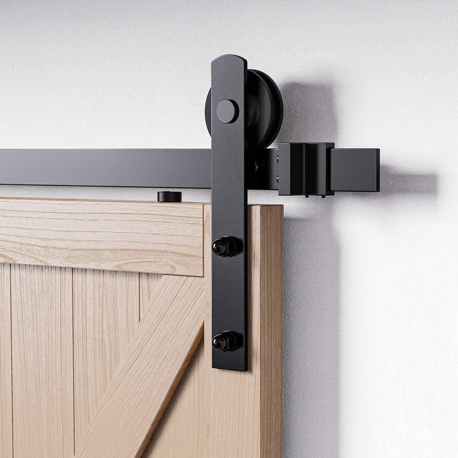 8ft Heavy Duty Sturdy Sliding Barn Door Hardware Kit, Double Door-Smoothly and Quietly, Easy to Install and Reusable - Fit 1 3/8-1 3/4" Thickness & 24" Wide Door Panel, Black(I Shape Hanger)