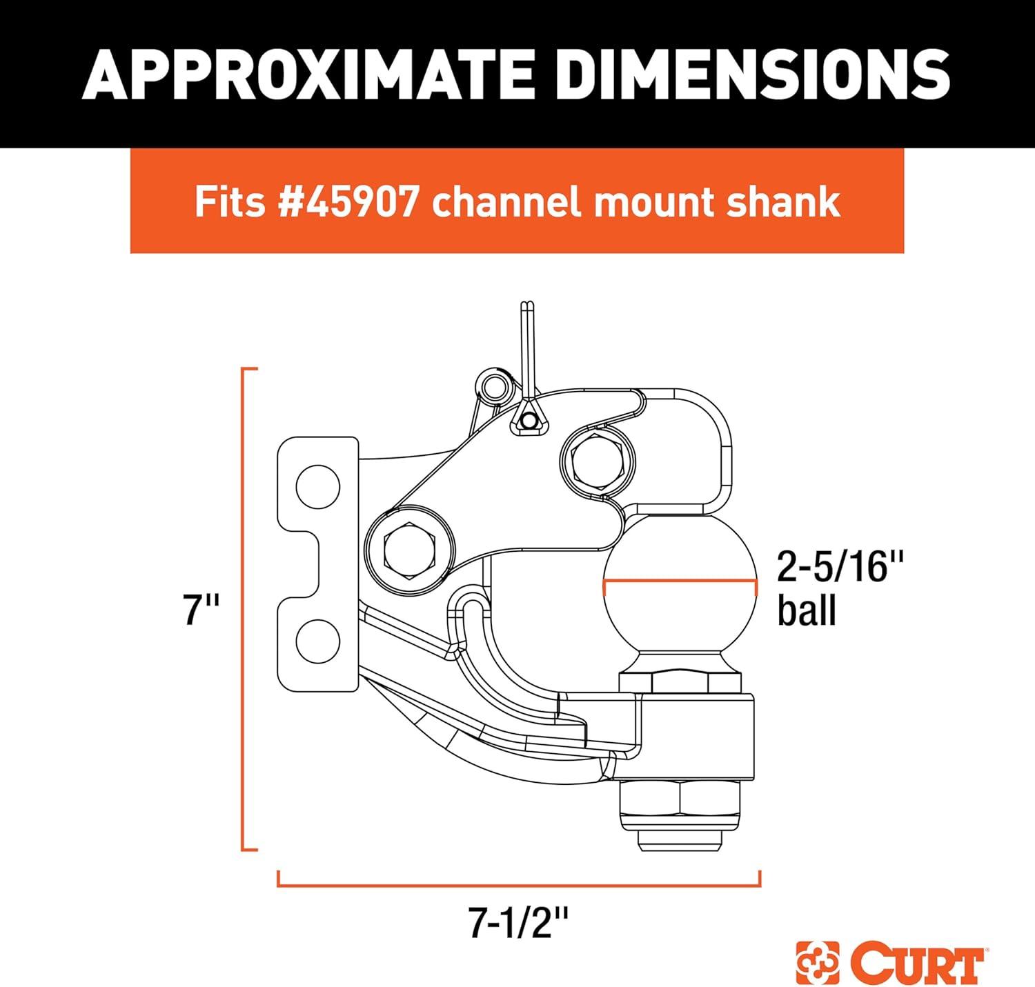 CURT 45920 Channel Mount Pintle Attachment with 2-5/16-Inch Ball, 13,000 lbs, Shank Required