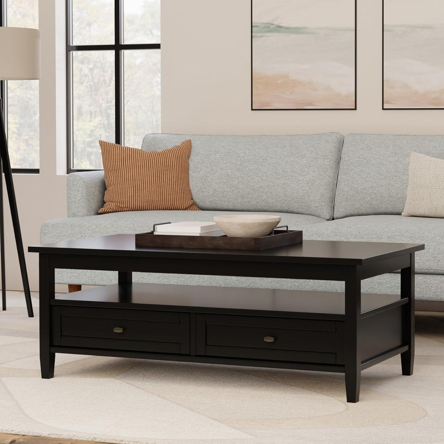 Simpli Home Warm Shaker 48"W Solid Wood Coffee Table with Two Storage Drawers and Open Shelf